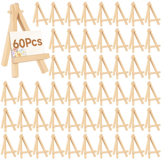 60 Pack 5 Inch Mini Wood Display Easel Artist Small Wooden Easel Stand Natural Wooden Mini Easels A-Shaped Small Wood Easels for Card Artist Photos Tabletop Phone Wedding