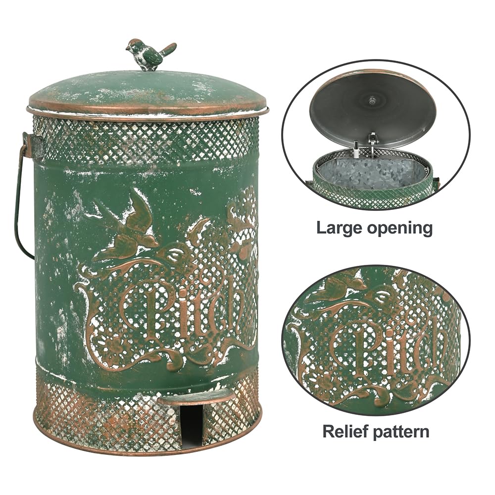Chadechimo Farmhouse Garbage Can with Lid Indoor Outdoor Trash Can with Embossed Bird and Flowers PatternMetal Retro Kitchen Trash Can with Lid for Kitchen Room and Garden Decor (Green)