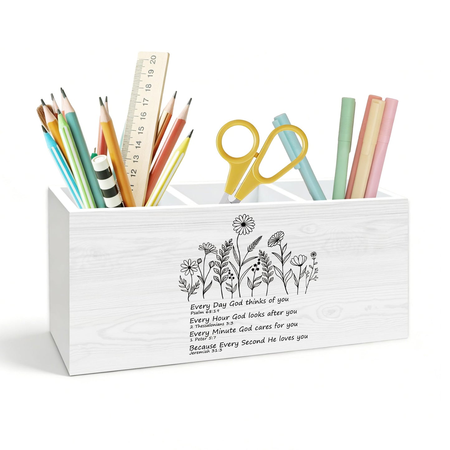 KJULYW Christian Wildflower Pen Holder for Desk, Christian Gifts for Women Faith, Inspirational Bible Verse Wooden Box Pencil Pen Holder Organizer for Home Office Desk Accessories