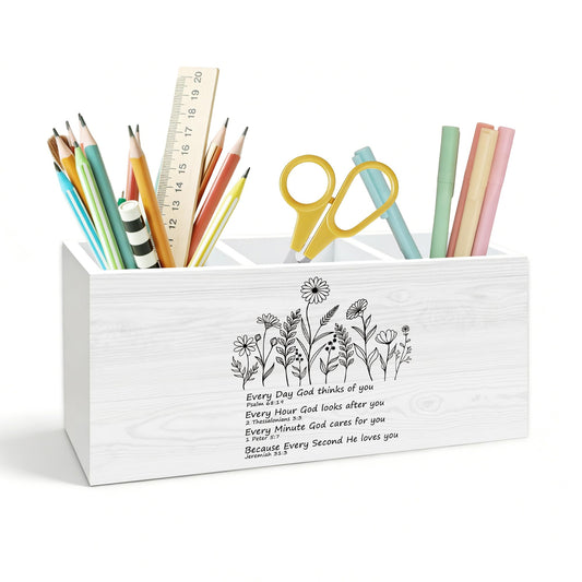 KJULYW Christian Wildflower Pen Holder for Desk, Christian Gifts for Women Faith, Inspirational Bible Verse Wooden Box Pencil Pen Holder Organizer for Home Office Desk Accessories