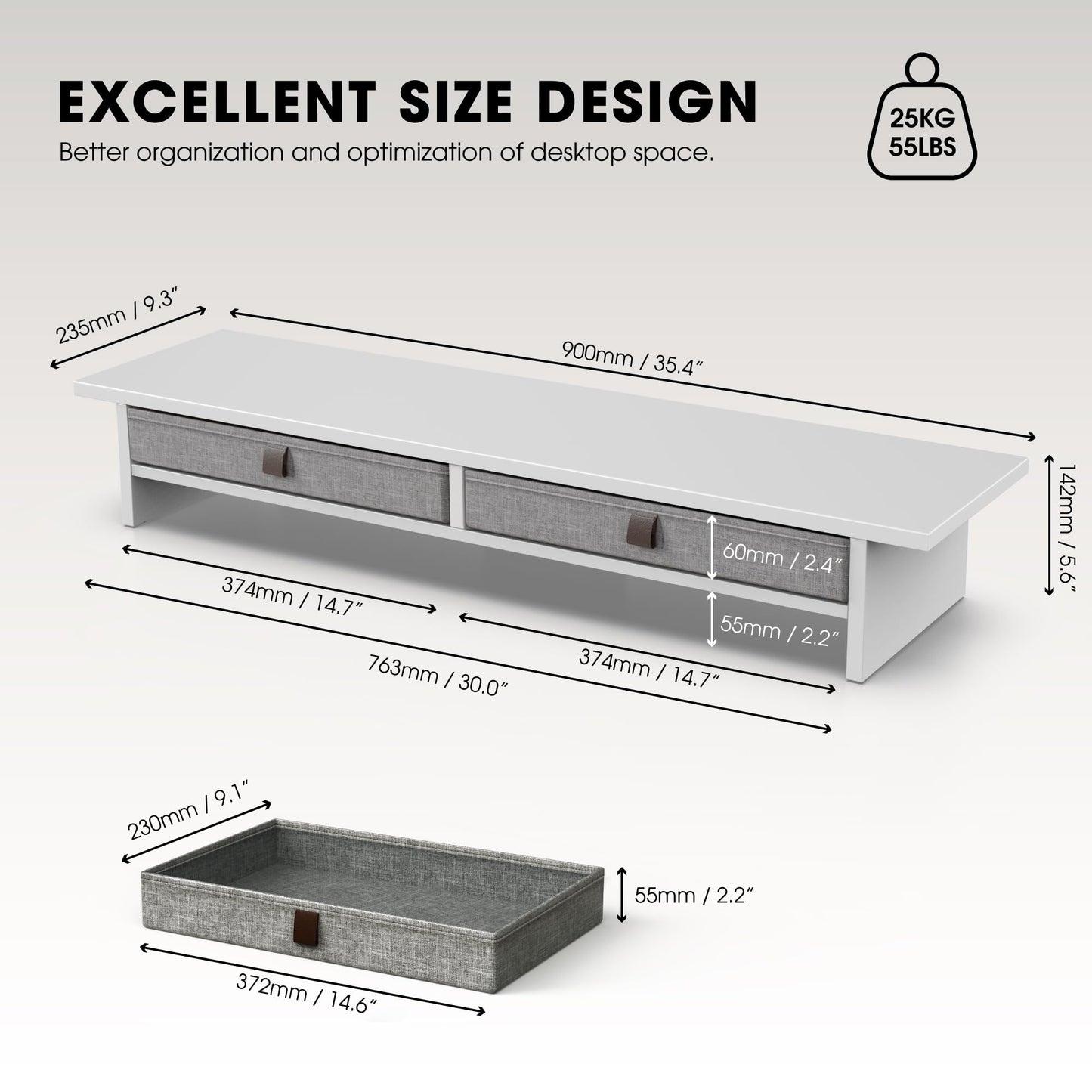 Fenge Monitor Stand with Drawer, 2 Tiers Dual Monitor Riser for Desk, 35 Inch Computer Stand for 2 Monitors, Desk Shelf for Home, Office, Laptop, PC, TV, Printer