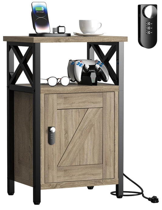 runjuly Wooden Nightstand with Lock, Bed Side Table with Drawers, Bedside Table with Charging Station, 3 USB & 2 Outlets, Night Stand with Cabinet, End Tables for Bedroom, Greige