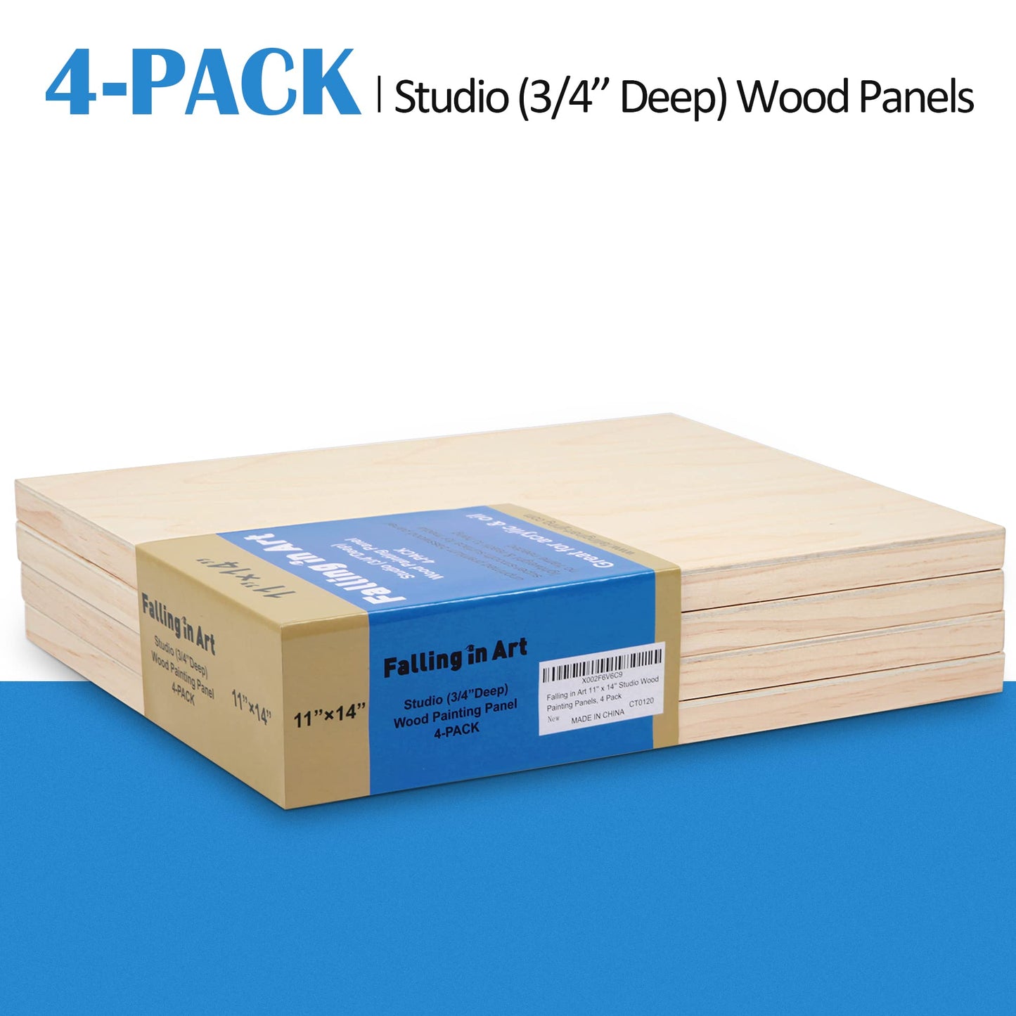 Falling in Art Unfinished Birch Wood Canvas Panels Kit, 4 Pack of 11x14'' Studio 3/4'' Deep Cradle Boards for Pouring Art, Crafts, Painting and More