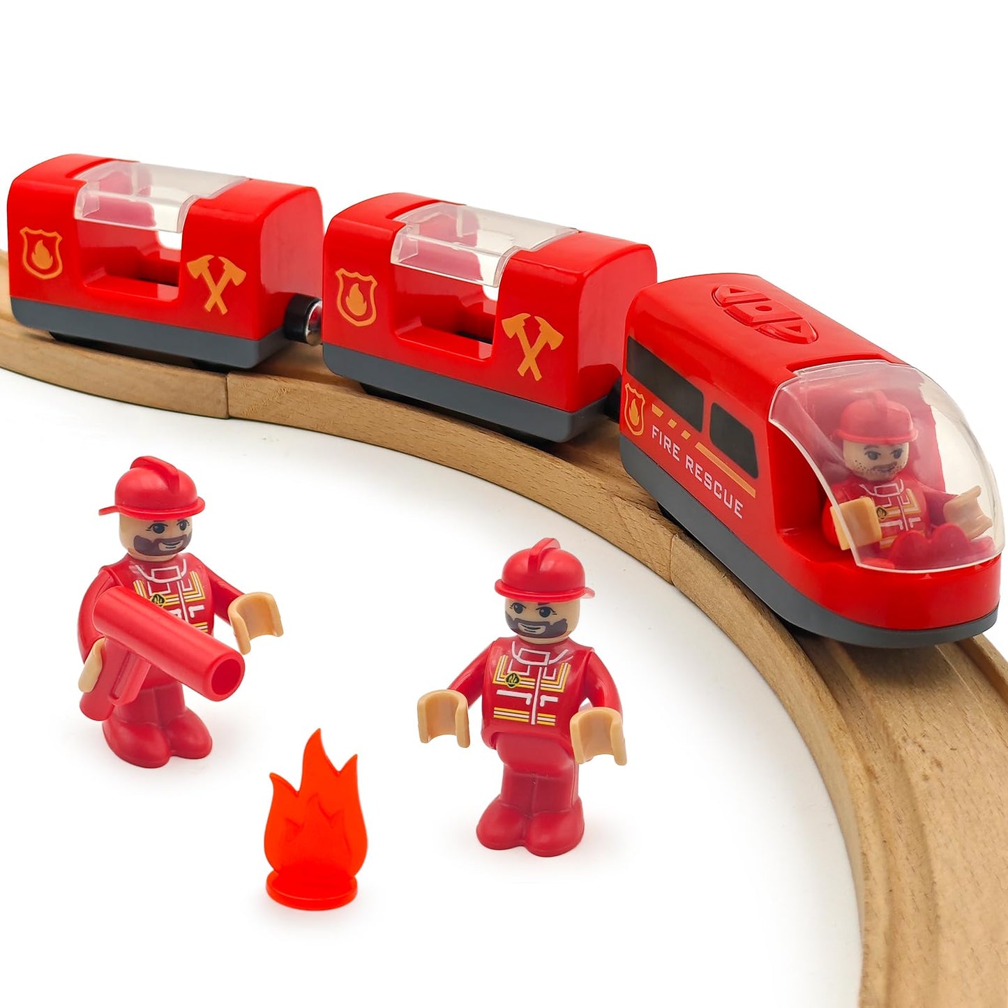 Battery Operated Rescue Fire Fighting Truck for Wooden Train Tracks with Figures Kids Magnetic Wooden Trains Set for Toddlers Boys 3-5 4-8 (Without Battery and Tracks)