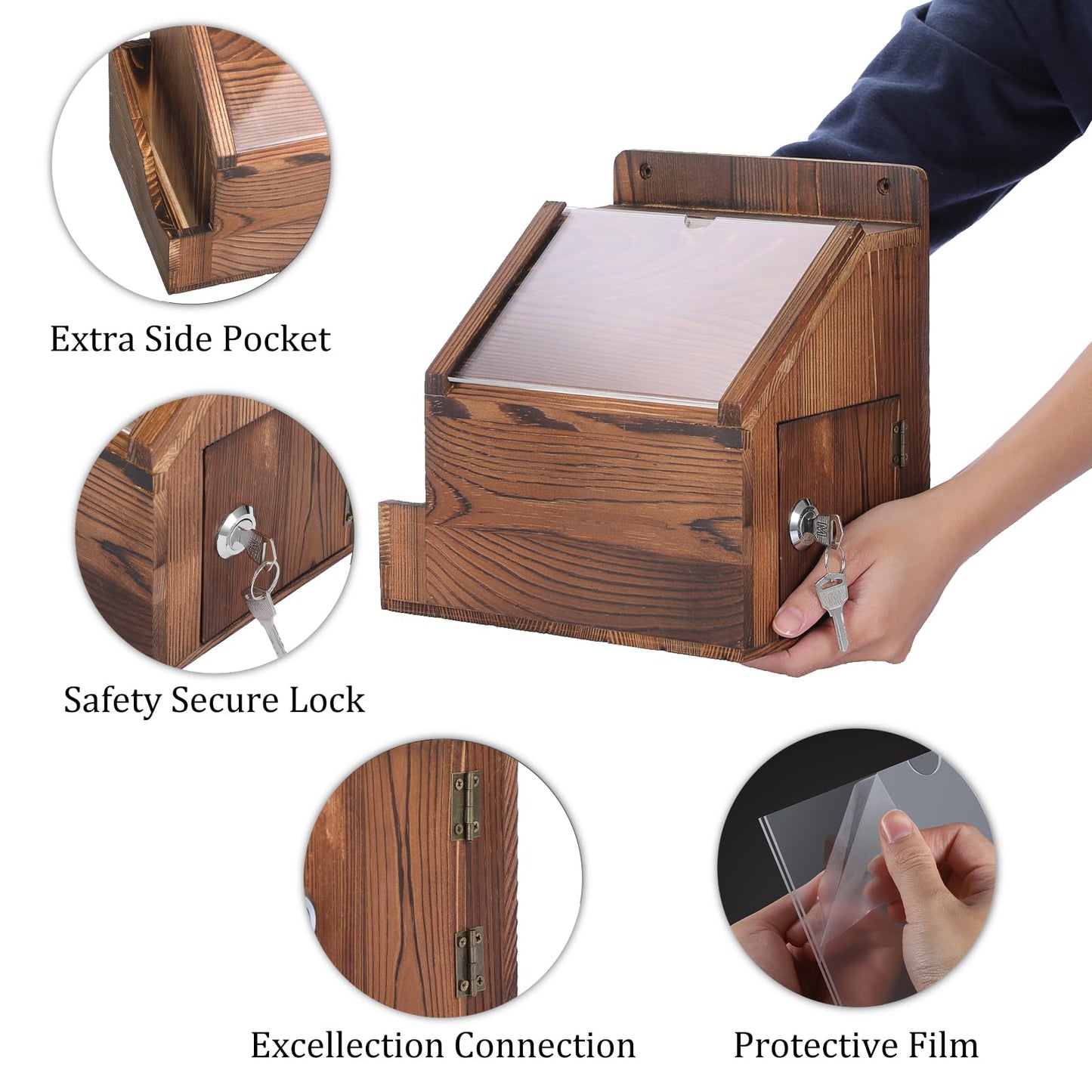 BTSKY Wood Suggestion Box With Lock Wall Mounted Donation Box with 5"x7" Acrylic Sign Slot Office Ballot Boxes with Side-Pocket Collection Boxes for Voting Locking Mailbox Suggestion Comment Box, Wood