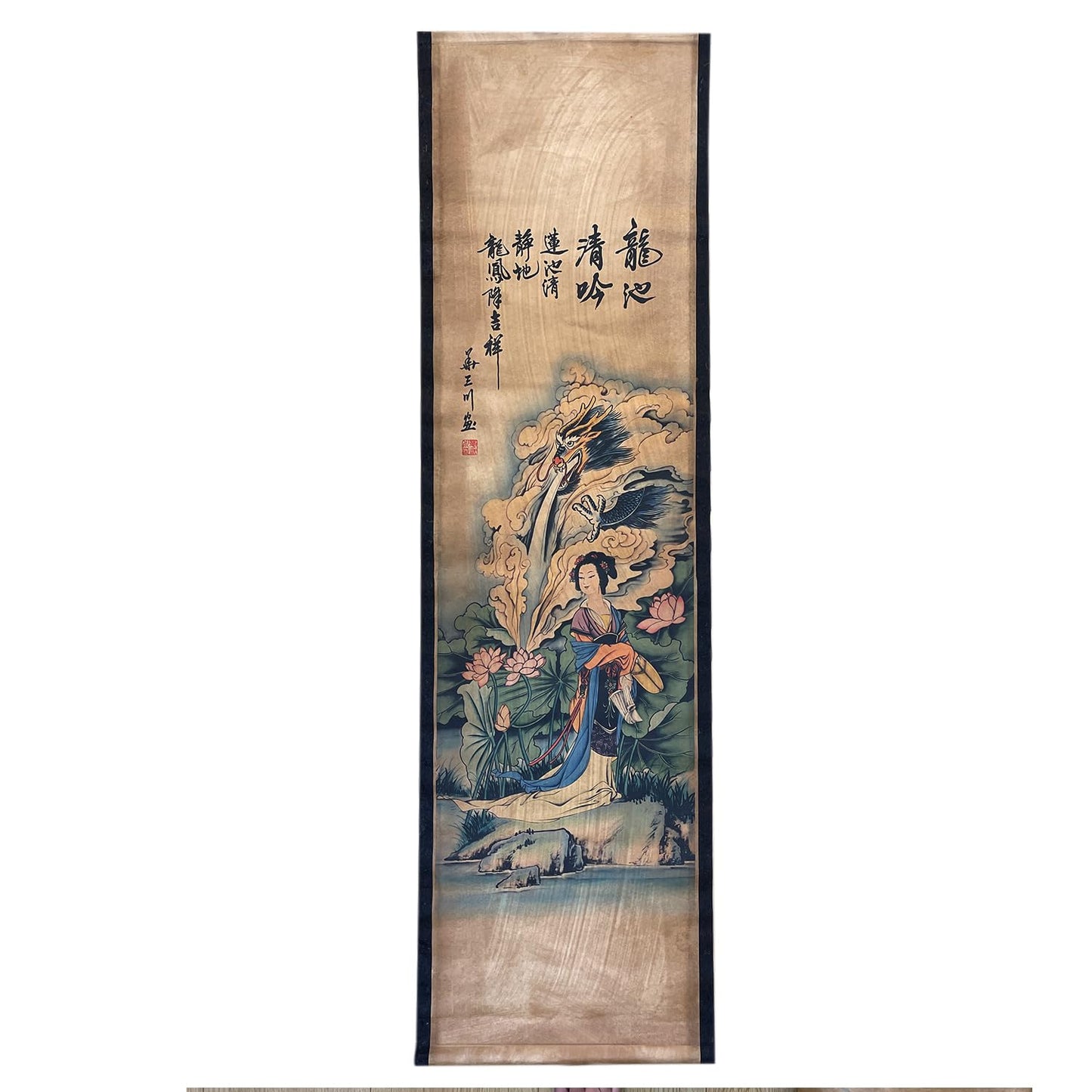CIFIBIFUN Dragon Geisha Beauty Japan Style Ancient Replica Wall Poster Painting, Wooden Hanging Scroll, for Walls Print Decor (14"x49"x4PCS)
