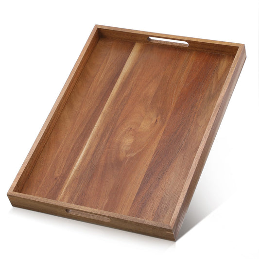 17.7 Inch Acacia Wood Serving Tray with Handles Ottoman Tray for Living Room Large Wooden Trays for Ottoman Coffee Table Trays RectangularTray for Breakfast in Bed Dinner Bedroom Entryway Kitchen