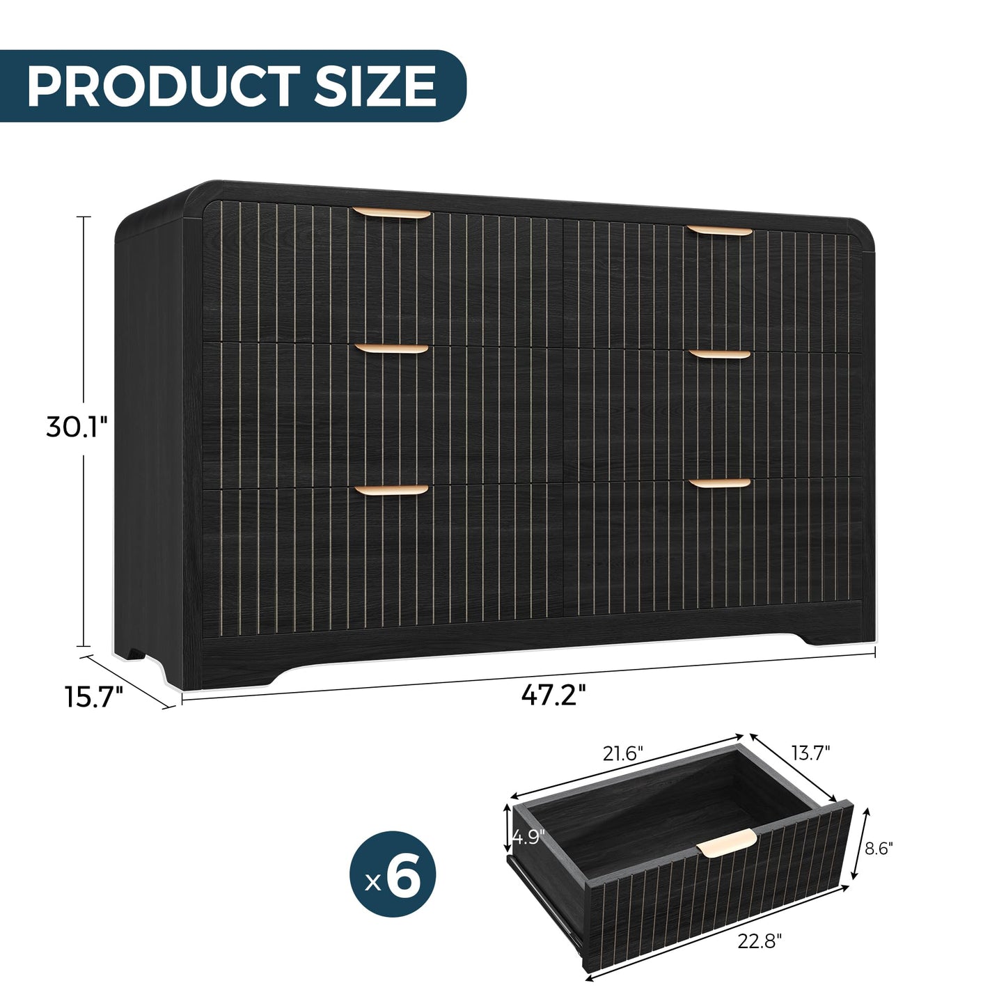Jocoevol Modern 6 Drawer Dresser for Bedroom, 47" Wide Wood Dressers & Chests of Drawers Curved Profile Design, Mid Century Modern Fluted Dresser for Bedroom, Black Dresser