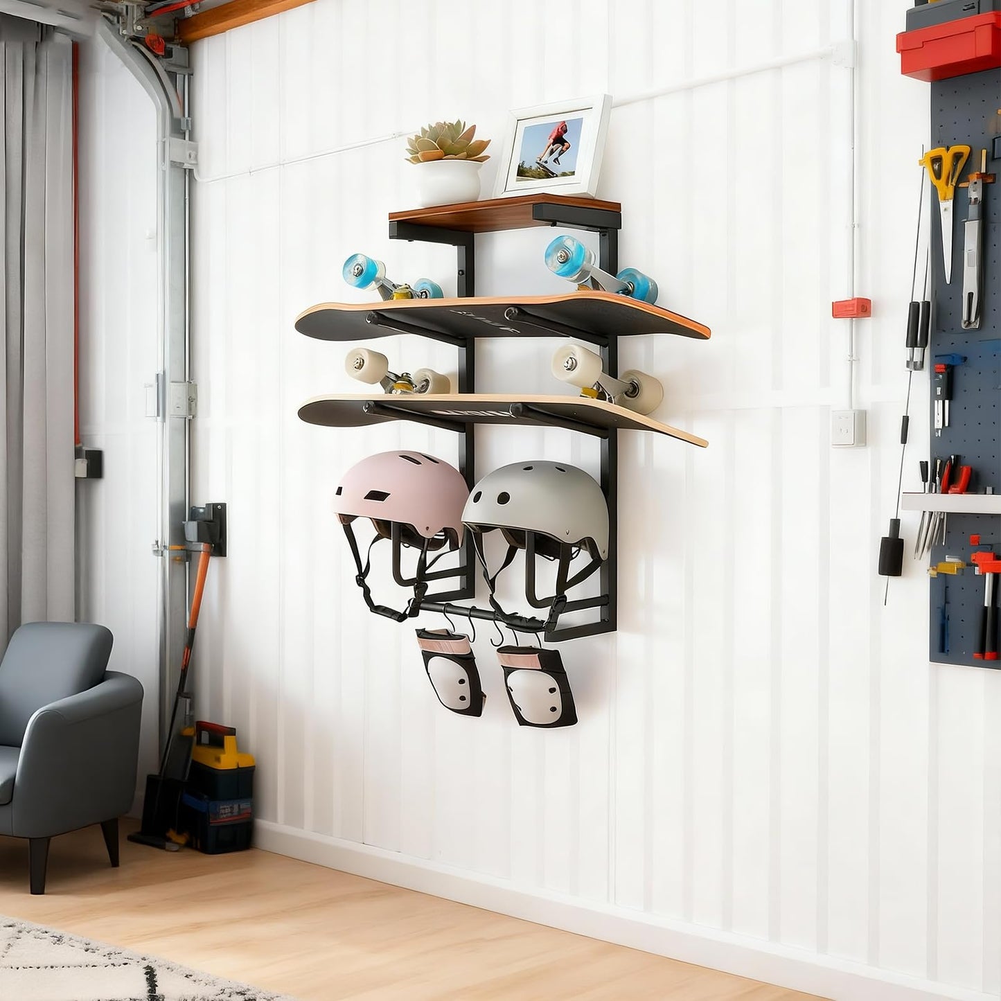 Skateboard Wall Mount Rack with Wood Shelf — 2-Board Display Hanger for Longboard & Skateboard Deck, 2 Round Wooden Helmet Holders & 5 Hooks, Steel & Wood, Home Bedroom Garage Organizer (Black)
