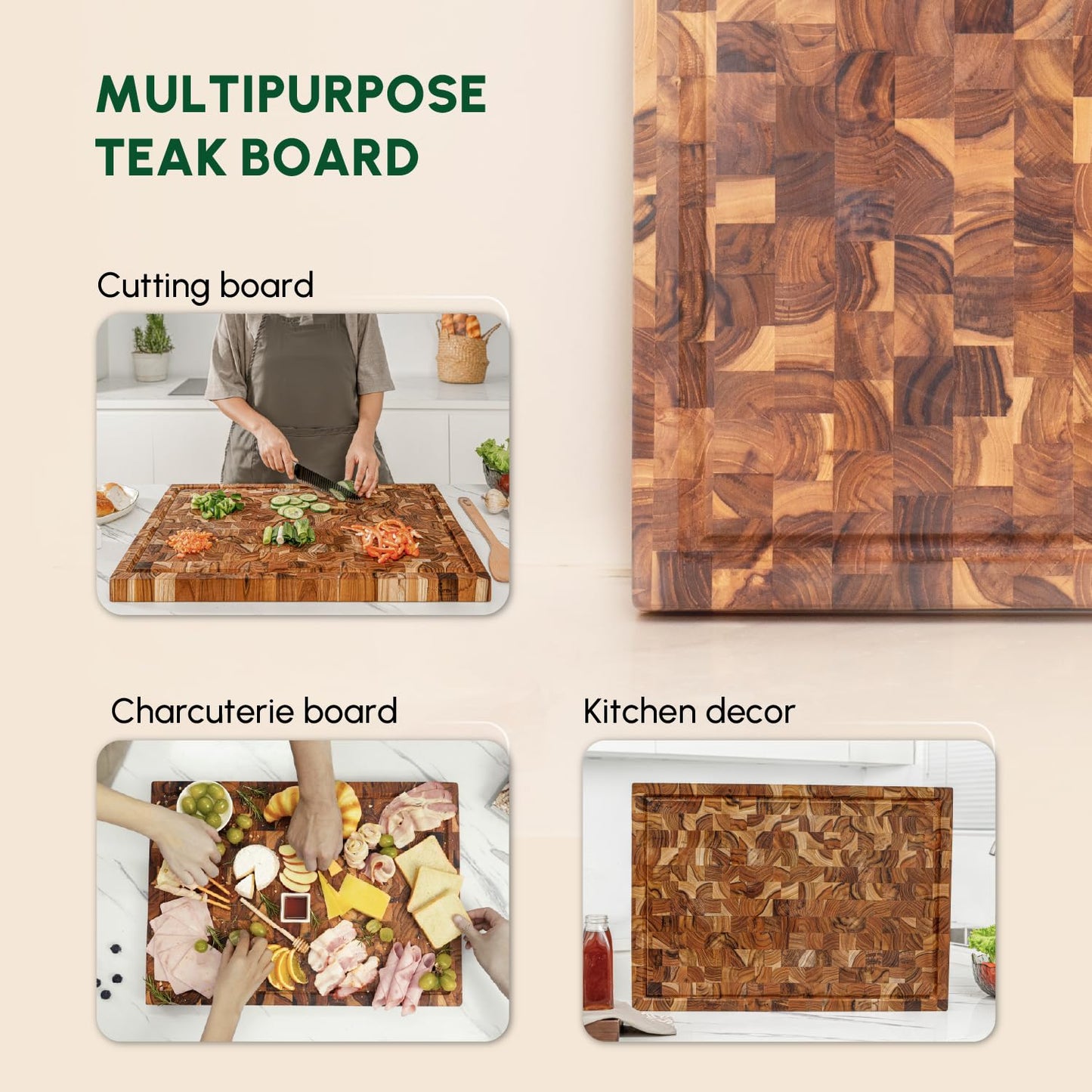 BEEFURNI Teak Wood End Grain Cutting Board (XL, 24x17x1.5"), Extra Large Wooden Cutting Board for Kitchen, Charcuterie Boards, High Quality Wood Cutting Board, Gift Box Included, 1-Year Warranty