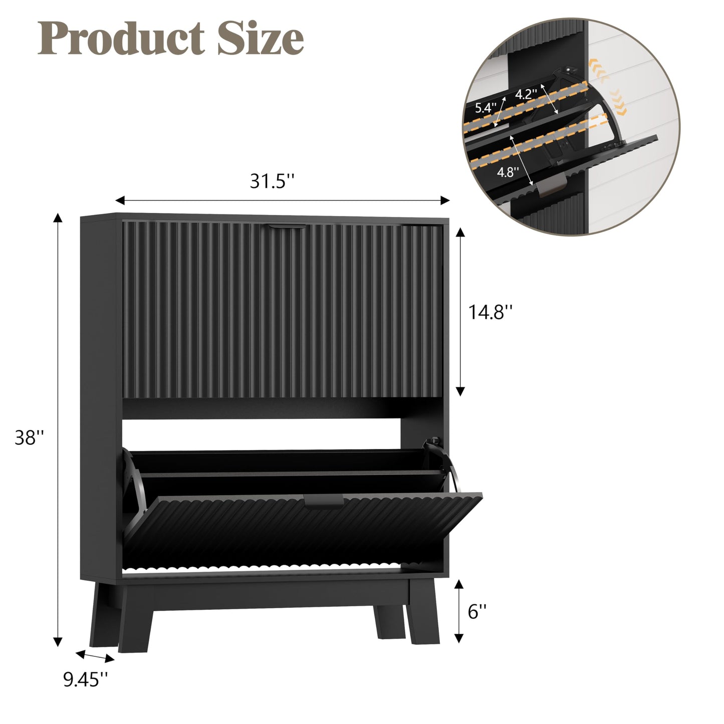 HUANLEGO Shoe Cabinet Storage for Entryway with 2 Flip Drawers, Fluted Narrow Shoe Organizer with Wooden Legs, Freestanding Slim Shoe Storage Hidden Shoe Rack Organizer for Front Door Entrance, Black