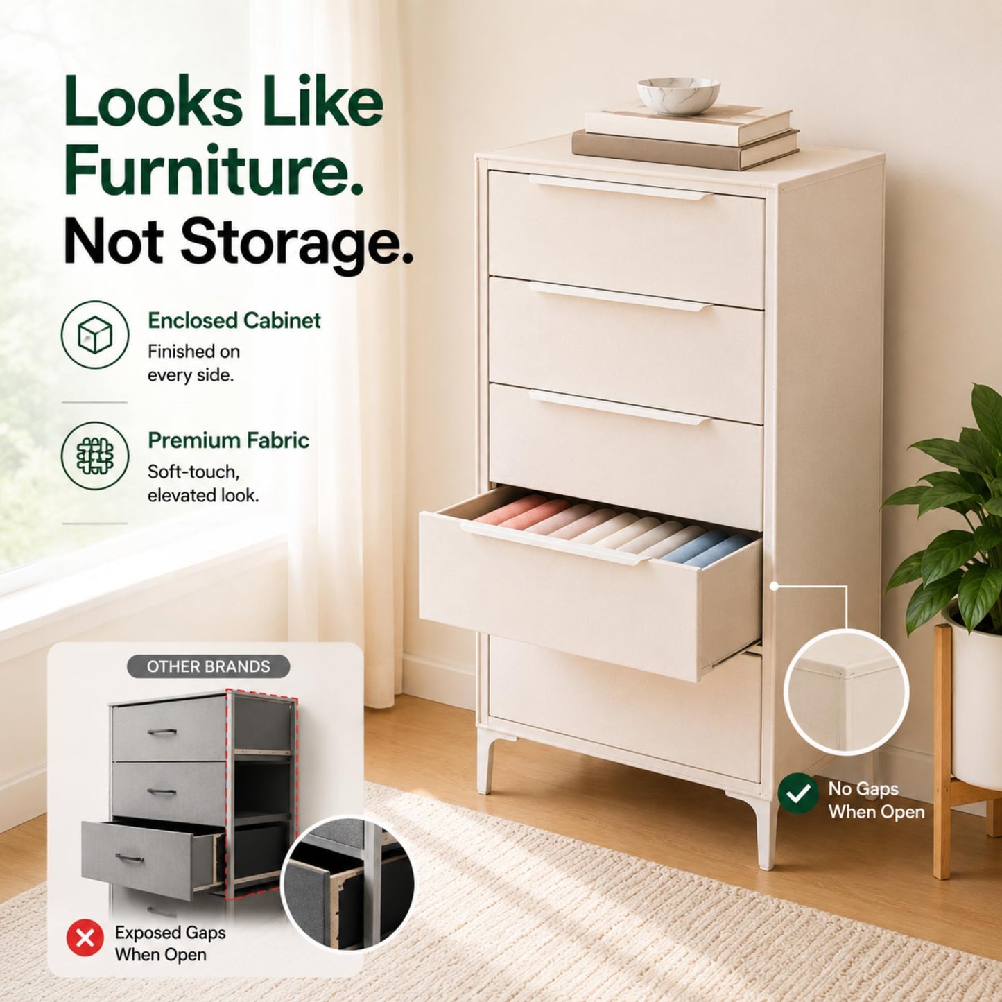 tinge Naima Premium Fabric Dresser - Strong Metal Frame, 5 Spacious Sag-Proof Drawers with Sleek Metal Handles - Premium & Durable Storage Solution for Your Home (Beige)