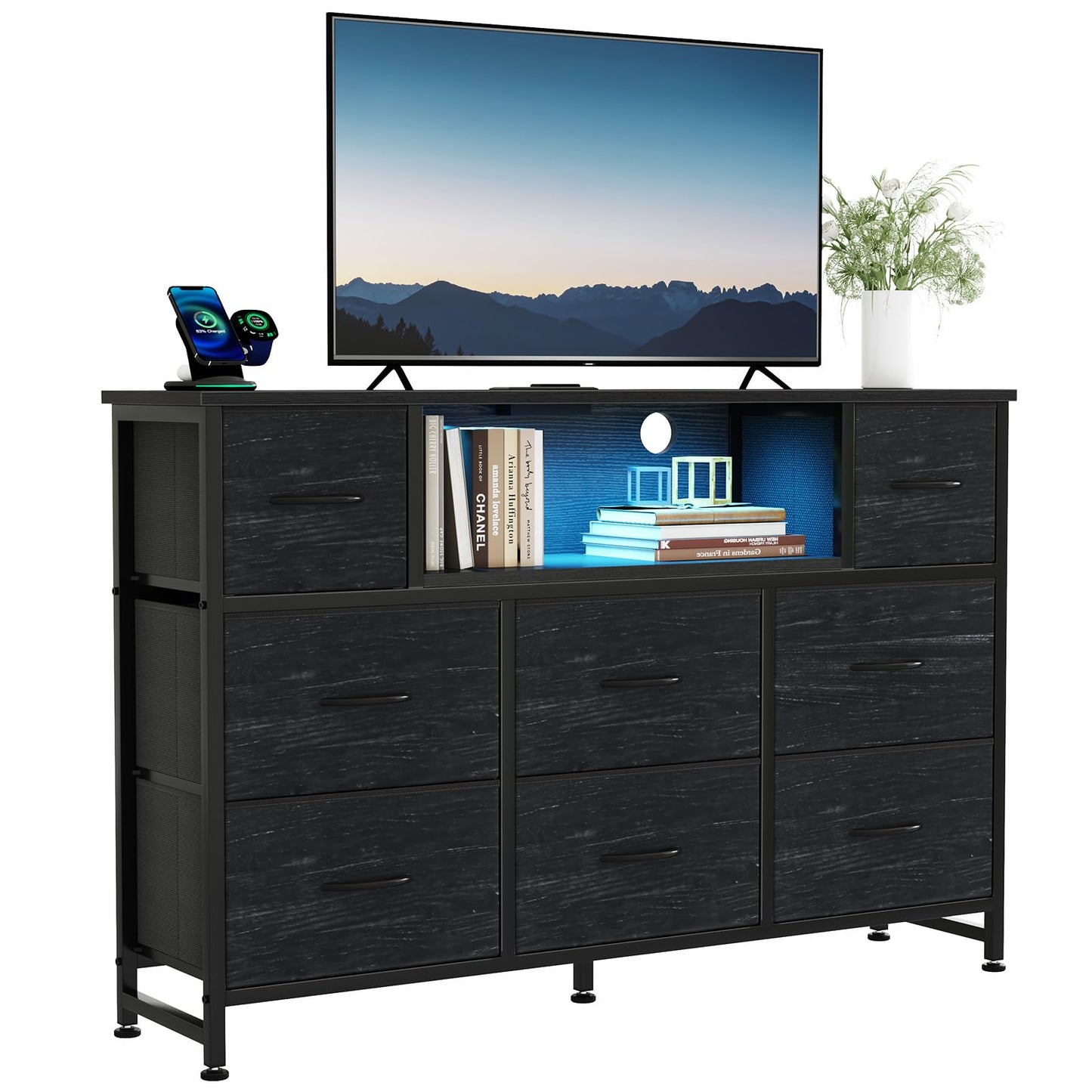 DUMOS TV Stand Dresser with 8 Fabric Drawers and Open Shelves, LED Entertainment Center with Charging Station, Wood Top Media Console for 45-55 inch, Bedroom, Woodgrain Black