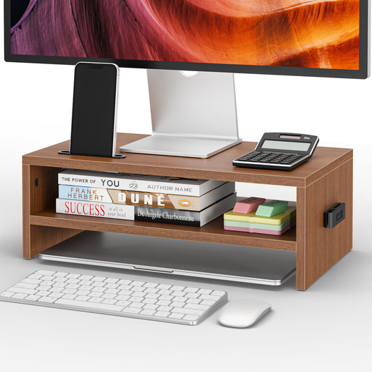 BONTEC Wooden Monitor Stand Riser, 2-Tier Desk Shelf with Storage Organizer, Ergonomic Computer Stand with Cable Management, Cellphone Holder, Walnut, 16.5 Inch