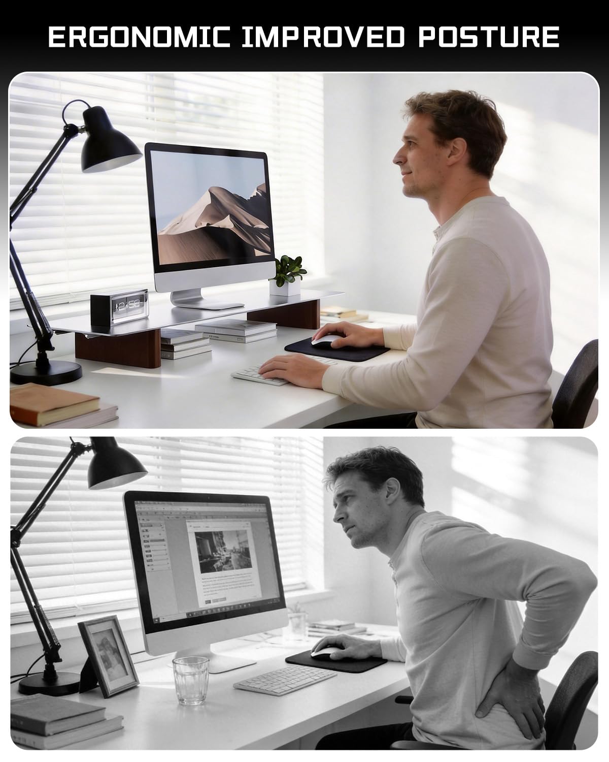 CHENOMiNL Aluminum Monitor Stand Riser, Ergonomic Desktop Shelf with Wooden Legs - 31.5” Wide Heavy Duty Computer Stand for Home Office, Universal Desktop Monitor Riser for PC, iMac, MacBook, Laptop