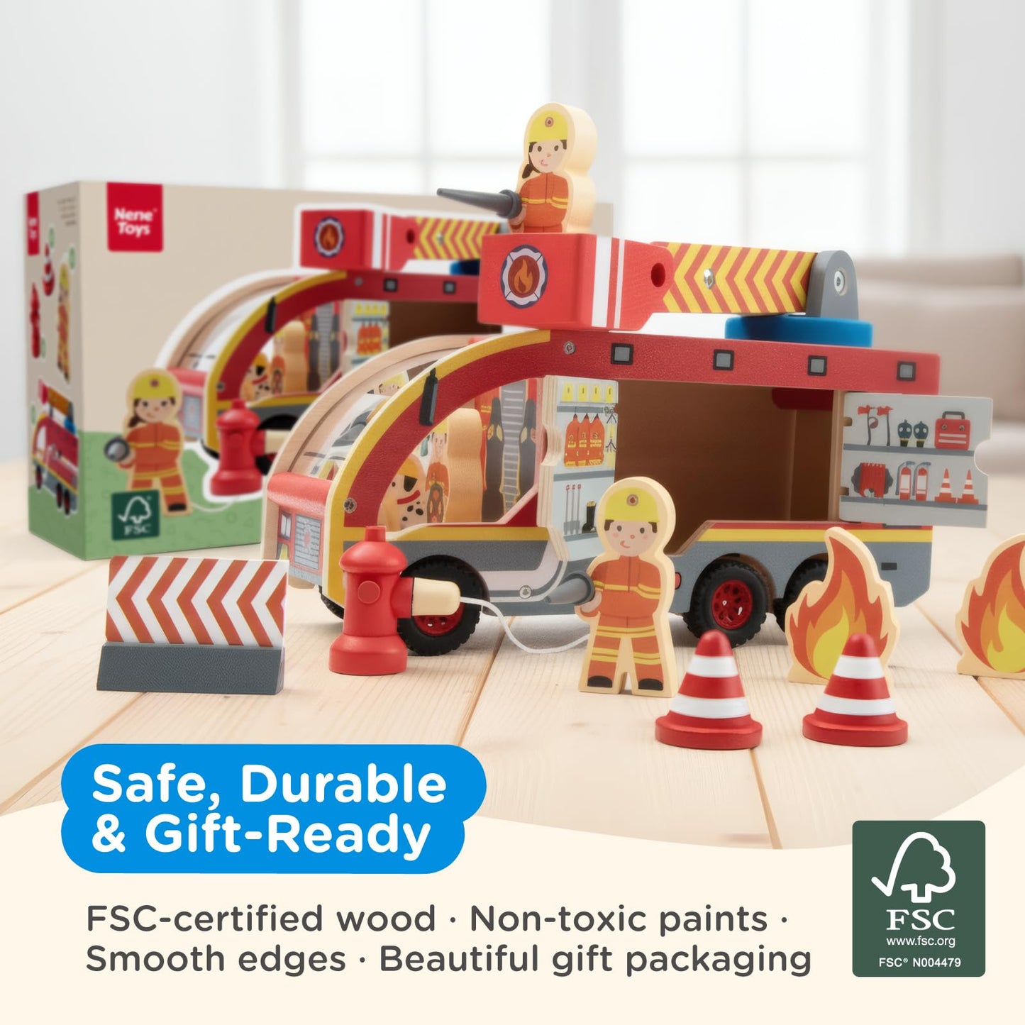 Nene Toys Wooden Fire Truck Toy Set – FSC Fire Engine with Rotating Ladder, Magnetic Hose, Hydrant, 3 Firefighters, Dalmatian & Accessories – Durable Wood Truck Toy for Kids 2+