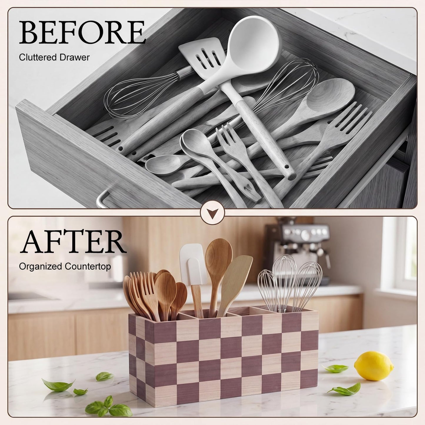 RoRofunny Extra Large Checkerboard Wooden Utensil Holder with 4 Compartments, 15.7" Long Farmhouse Kitchen Organizer, Rustic Cooking Tools Caddy for Countertop Spatulas Spoons Whisks