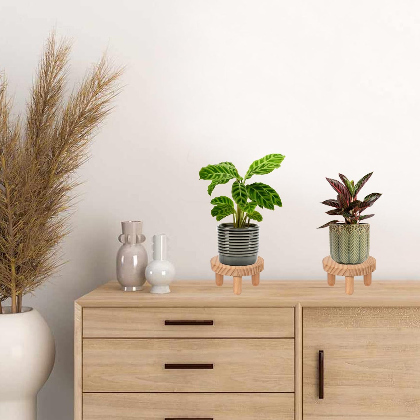 ARTORA Small Wooden Riser, Decorative Round Wood Desktop Plant Stand Mid Century Kitchen Counter Pedestal Stand for Centerpiece Pet Bowl Holder (Natural, 2 Pack)