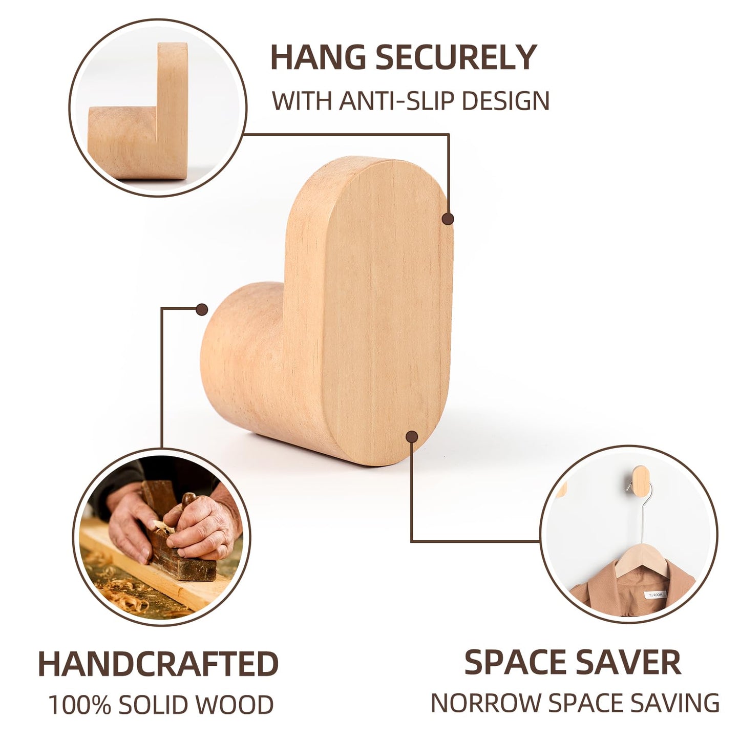 LIVESO Wood Wall Hooks, 6 Pack Modern Minimalist Wood Hooks Wall Mounted, Natural Wooden Wall Coat Hook Rack, Wooden pegs for Hanging Hat, Towel, Robe, Bag