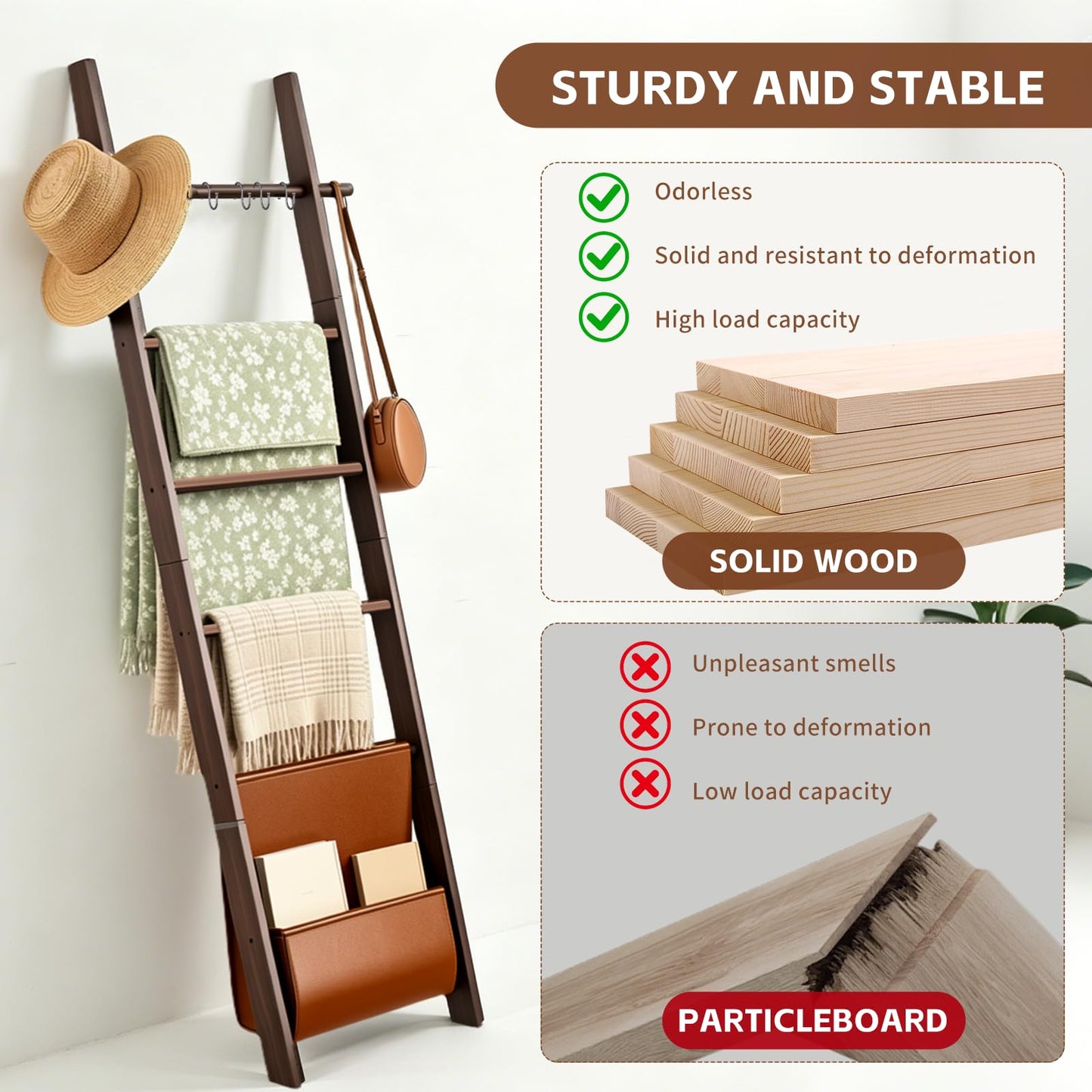 chilinii Wooden Blanket Ladder 6-Tier Farmhouse Rustic Blanket Holder with Synthetic Leather Bag, Decorative Stand with Removable Hooks Quilt Towel Rack for Home Living Room Bedroom Decor Brown