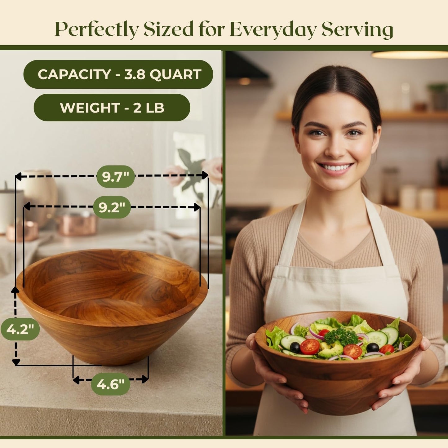 Aurah Acacia Wood Salad Bowl, 9.7" Diameter x 4.2" Height – Medium Wooden Mixing & Serving Bowls for Salad, Pasta and Fruits – Kitchen & Outdoor Dining - Capacity 3.8 Quarts