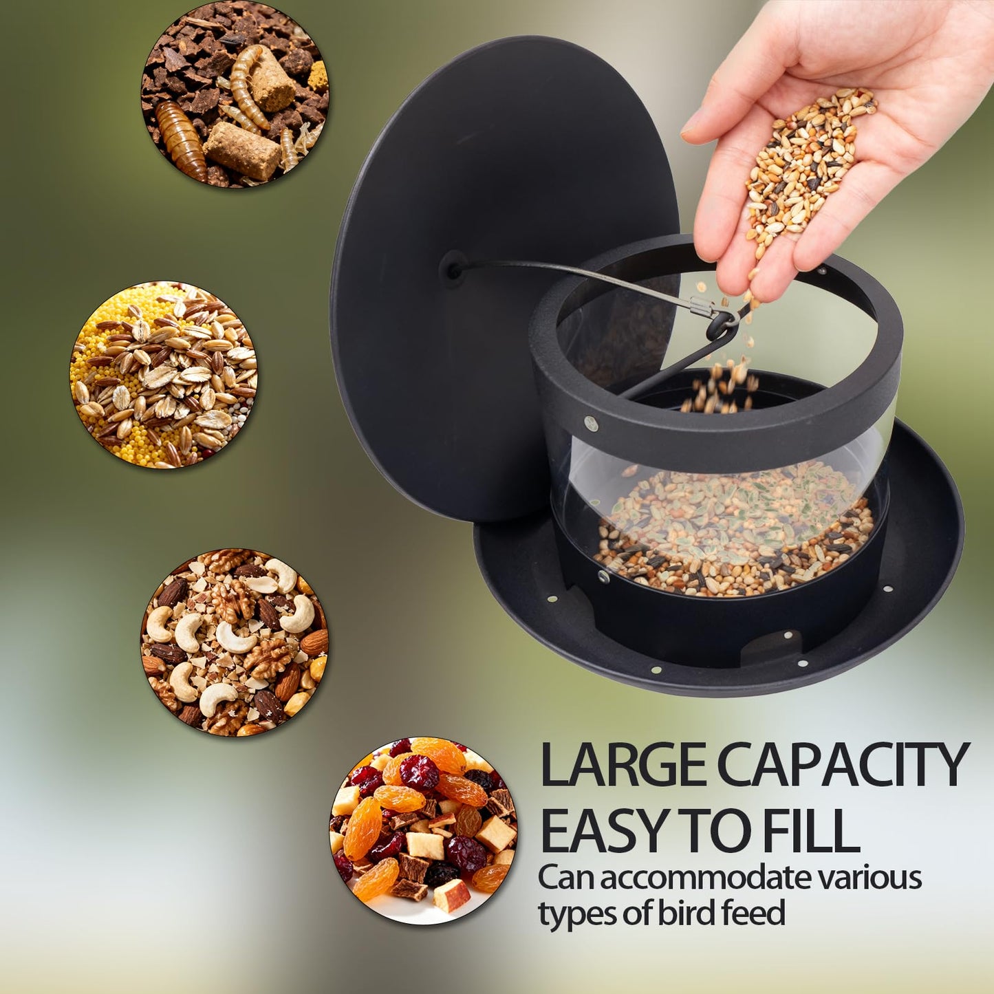QZLOHOM Wild Bird Feeder, Large Capacity Hanging Bird Feeder with Multiple Suspension Options, Black (Black)