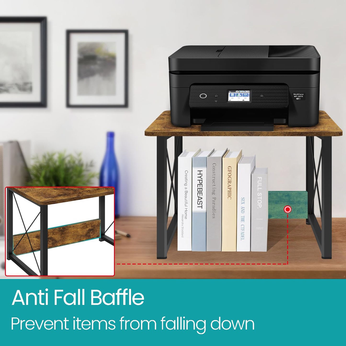 ELITEROO Wood Desktop Shelf, 2 Tier Desk Shelves + Printer Stand, Printer Riser Stands, Small Bookshelf Organizer, Office Storage Rack and Cubicle Organizers Accessories for Dorm Office Home, Brown