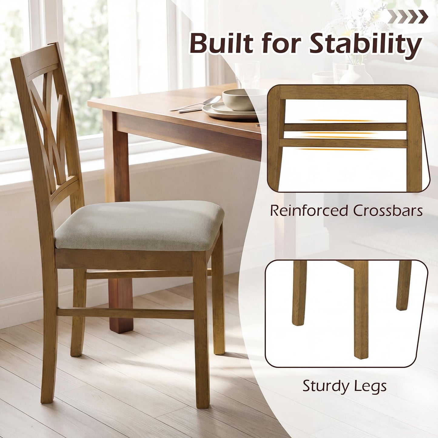 Giantex Wooden Dining Chairs Set of 2, Farmhouse Upholstered Kitchen Chairs with Solid Rubber Wood Frame, Hollowed Backrest & Soft Padded Seat, Armless Accent Side Chairs for Dining Room, Oak
