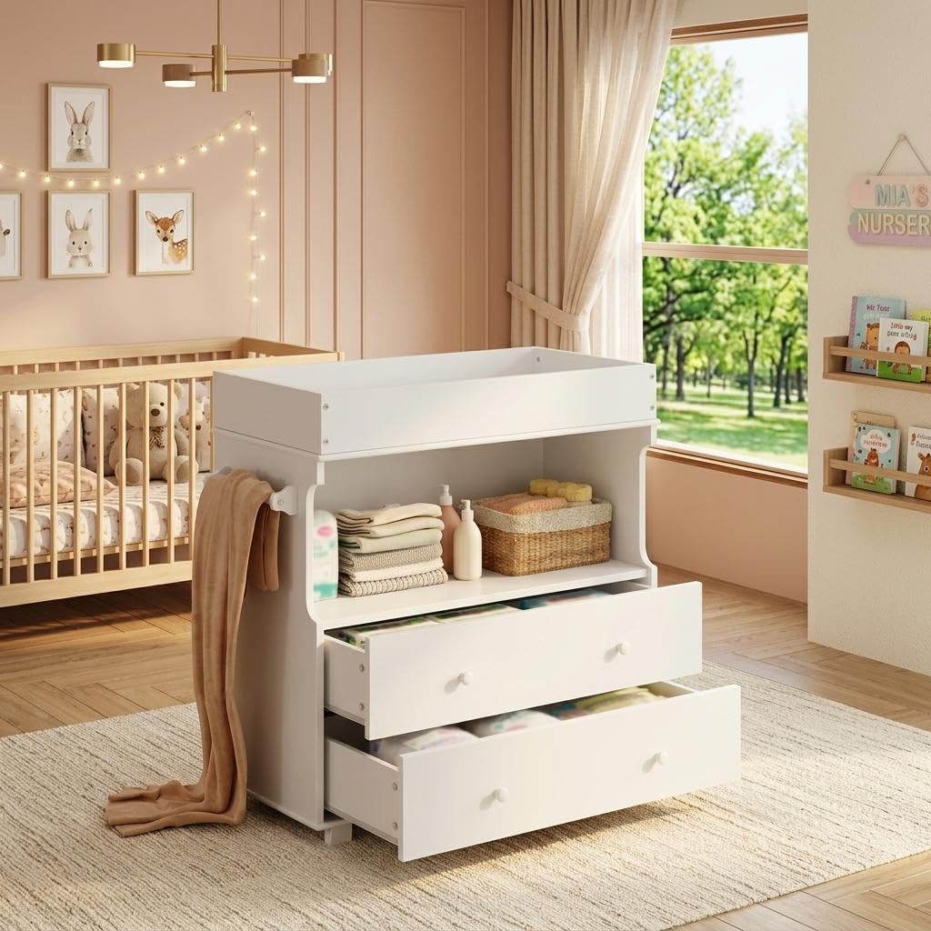 Garvee Baby Changing Table with Drawer and Storage Shelves, Heavy Duty Diaper Station for Nursery, White Wooden Changing Table with Safety Rails for Newborns