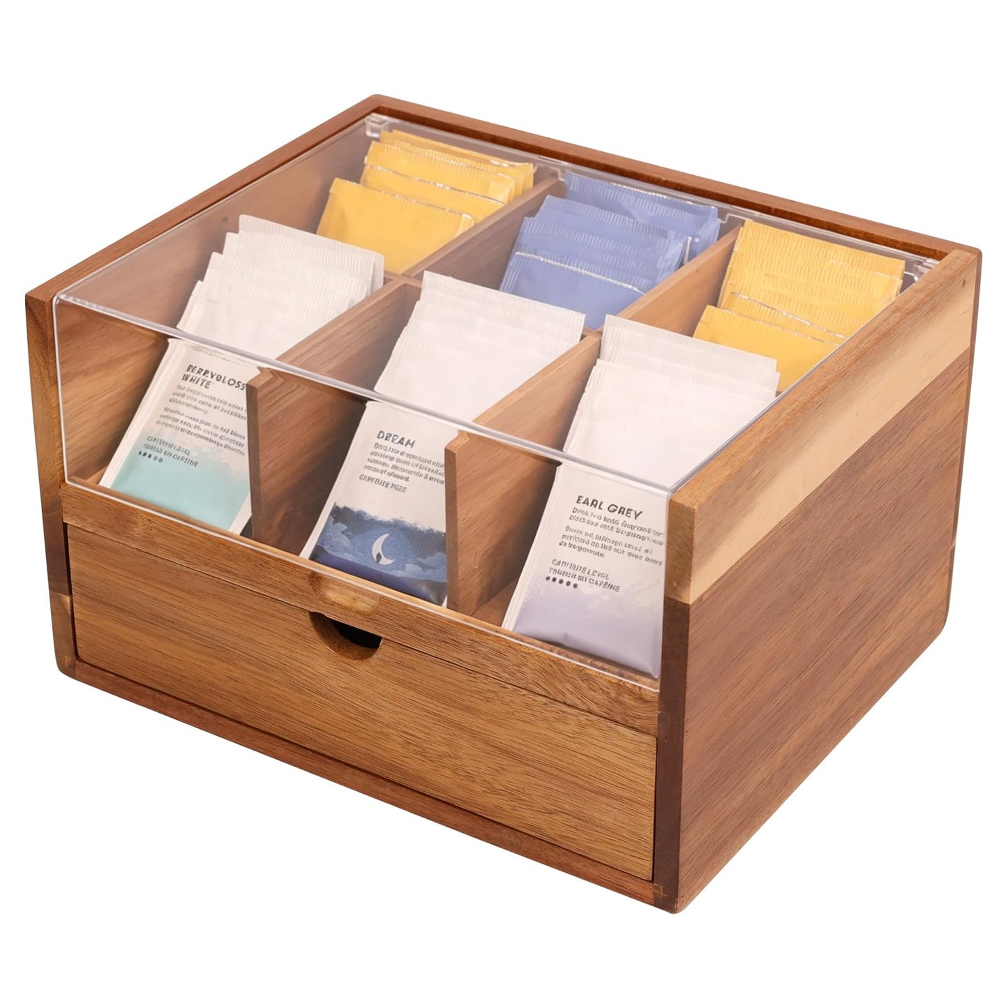 HTB Acacia Wood Tea Organizer 2 Tier with Drawer,Large Capacity