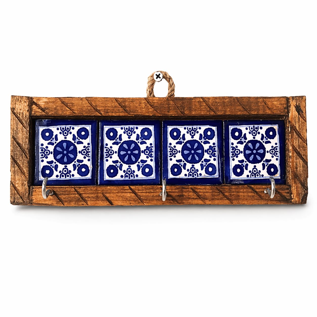 Casa Fiesta Designs Mexican Talavera Key Holder – Handcrafted Wooden & Ceramic Wall Organizer with 3 Metal Hooks – Blue & White Tile Design – Rustic Home Décor - Portallaves 4 Azulejos Azules