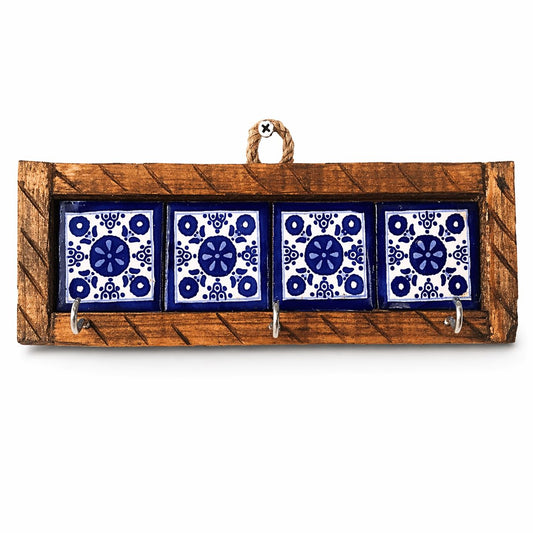 Casa Fiesta Designs Mexican Talavera Key Holder – Handcrafted Wooden & Ceramic Wall Organizer with 3 Metal Hooks – Blue & White Tile Design – Rustic Home Décor - Portallaves 4 Azulejos Azules