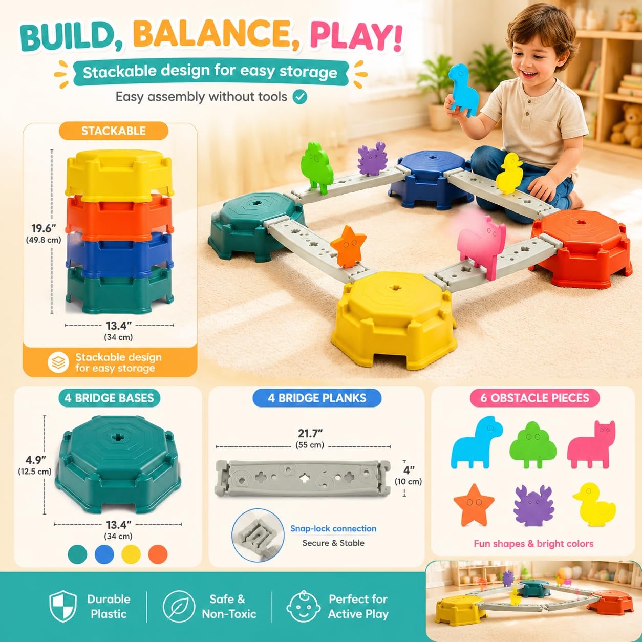 edusense 14 PCS Balance Beam Stepping Stones for Kids 3-12 Years, Non-Slip Balance Blocks Indoor Outdoor, Thickened Plastic Holds 220LBS, No Assembly Required, Promote Coordination & Sensory Play