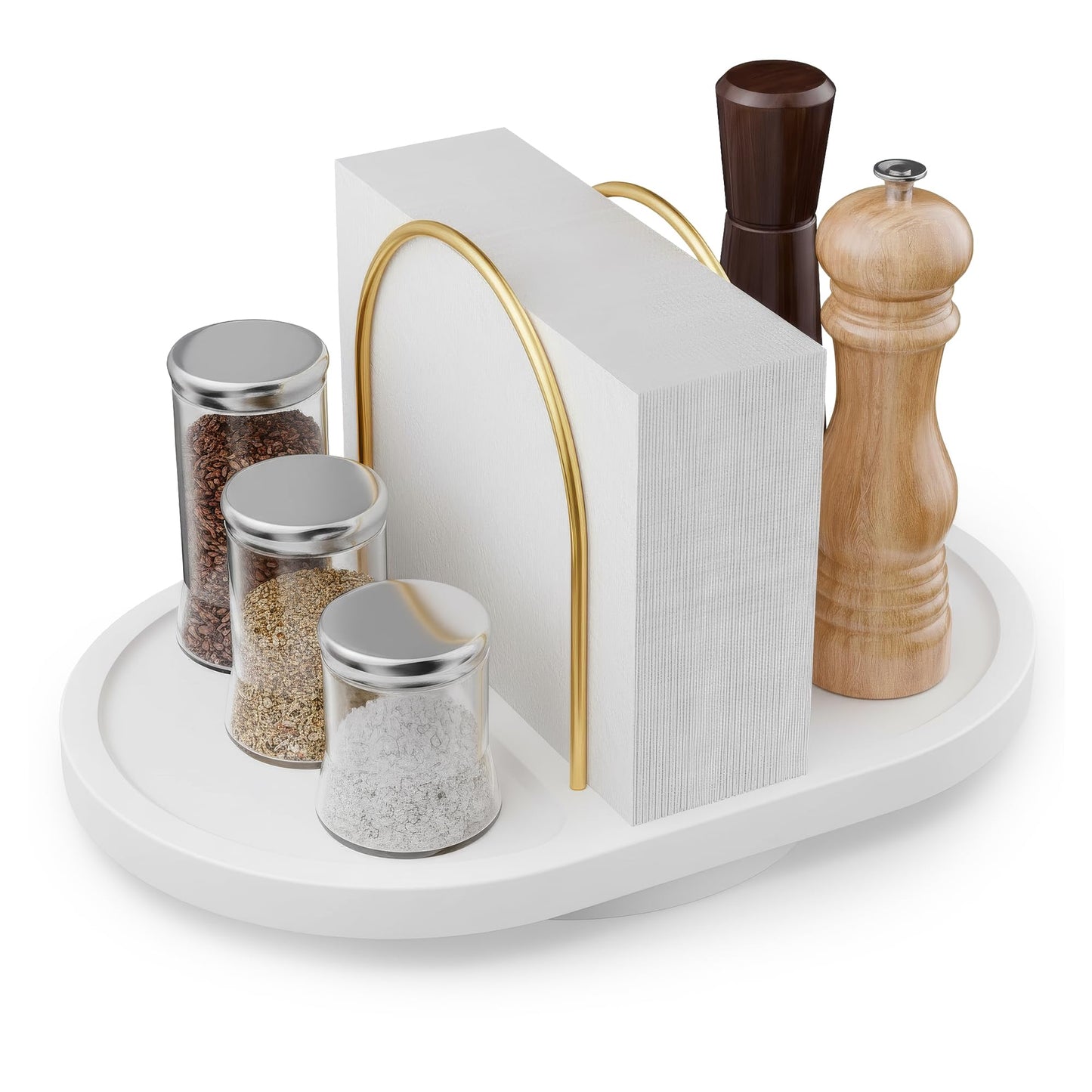 Primo Lines Rotating Napkin Holder for Table with Built-In Space for Salt and Pepper Shakers, Wooden Metal Caddy Rustic Table Organizer with 360 Degree Spin for Kitchen Decor and Accessories (White)
