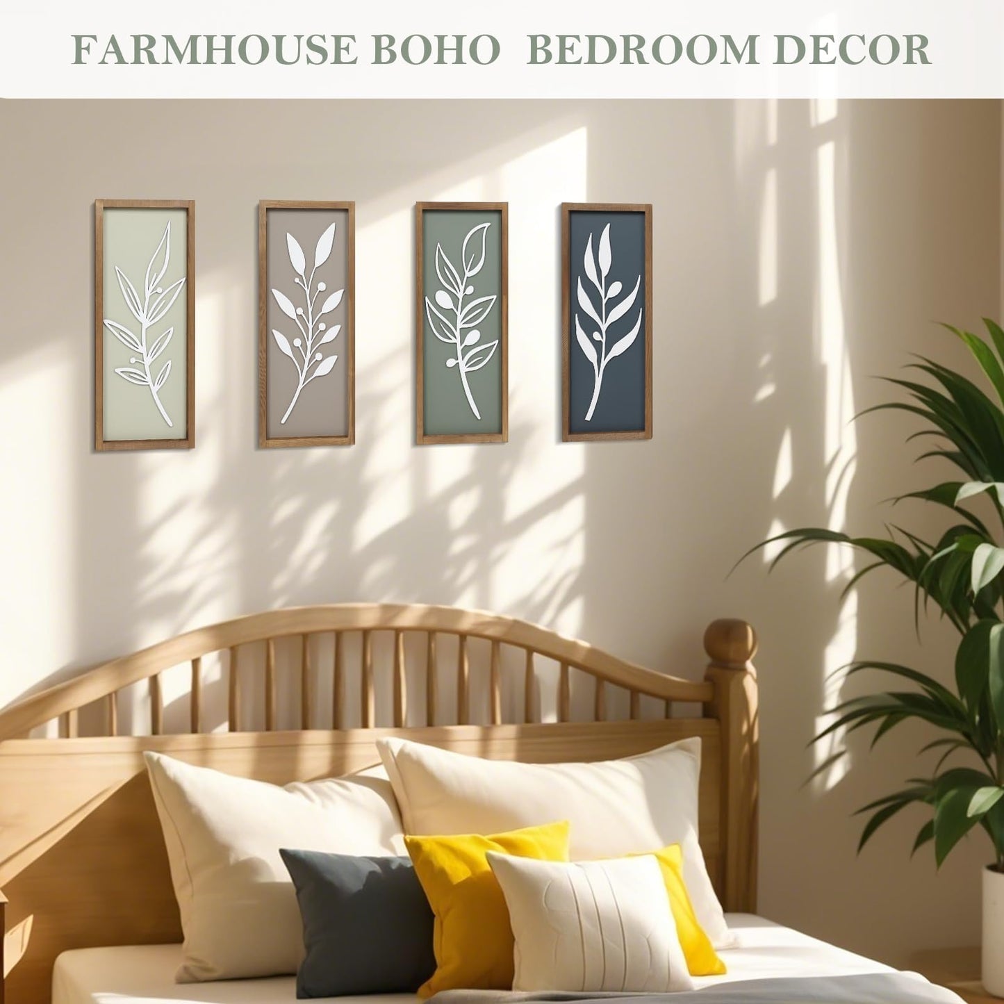 3D Tree Leaf Wooden Framed Boho Wall Art (Set of 4) Lightweight, Minimalist Botanical Farmhouse Bathroom Wall Decor For Living Room Bedroom Kitchen Office Hallway Decorations