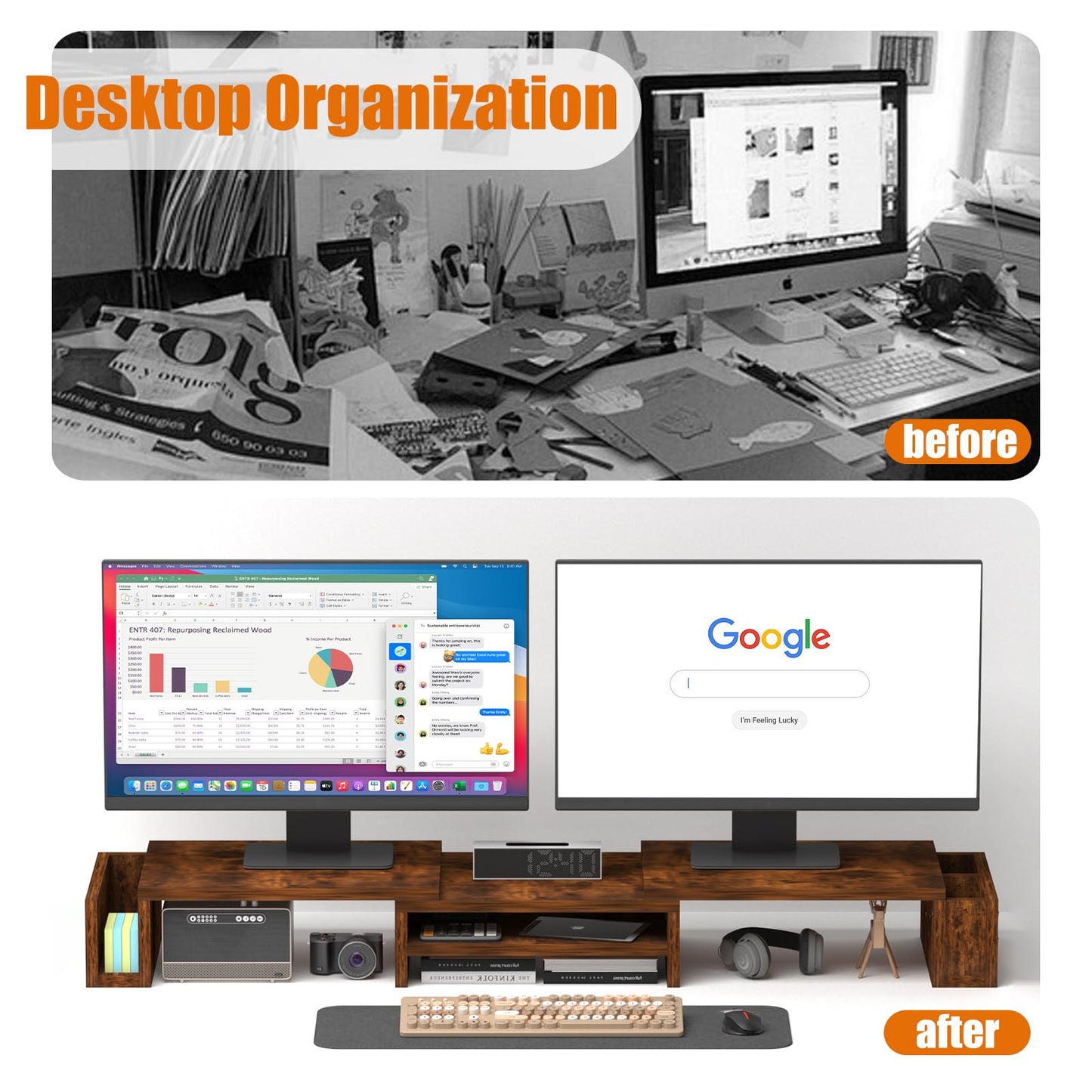 Wood Dual Monitor Stand Riser, Desk Organizers and Accessories with Storage Pen Holders, Adjustable Length and Angle 3 Shelf Extra Long 46" Desktop Organizer for 2 Monitors, Computer, Laptop, TV,Rustic Brown (Triple)