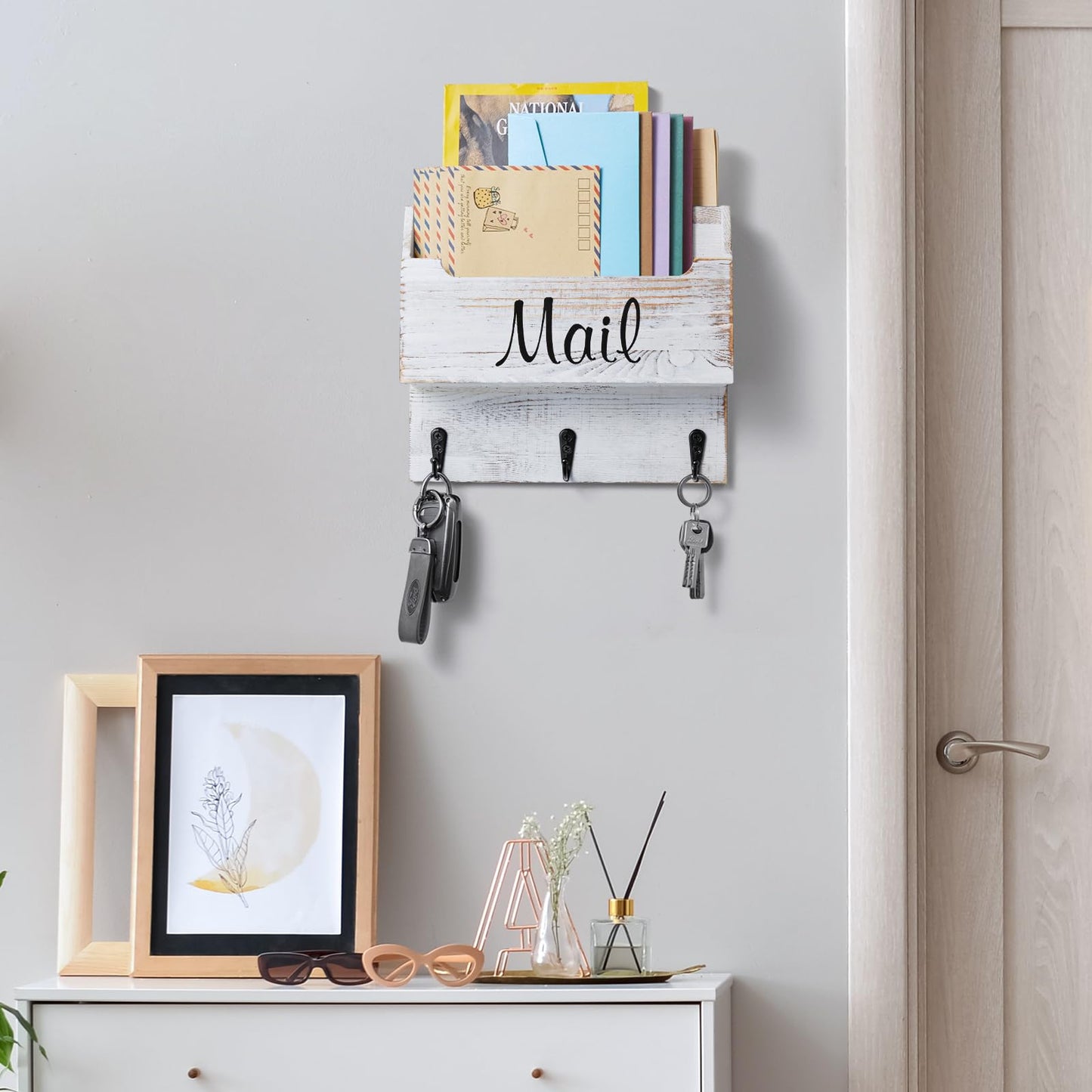 DRASTAR Mail Organizer Wall Mounted, Wooden Mail & Key Holder for Wall, Hanging Mail Organizer, Retro White Mail Basket for Home Office