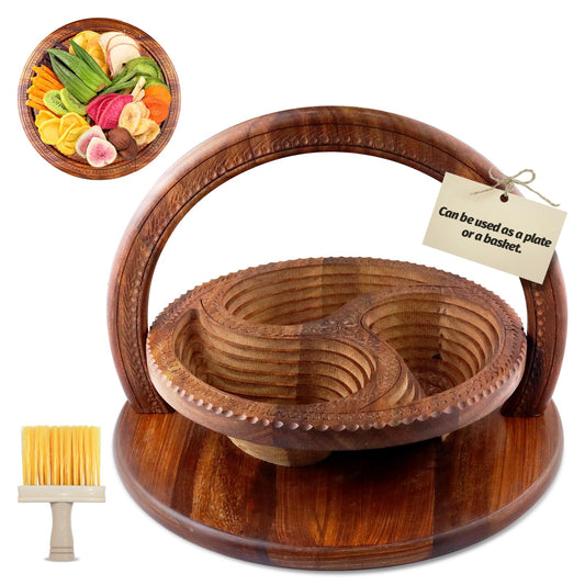 UnicornMAG Handmade 12" Collapsible Wooden Basket, 3-Compartment Paisley Design Fruit & Bread Bowl, Multi-Functional Trivet & Centerpiece, Folds Flat for Easy Storage