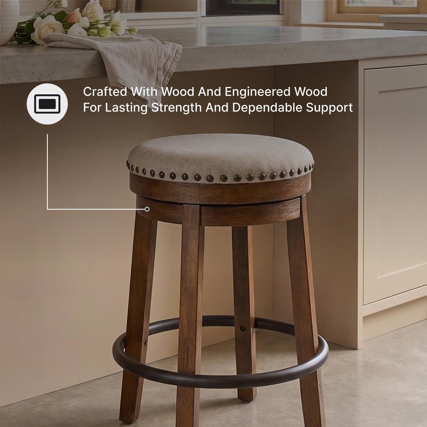 Signature Design by Ashley Valebeck Upholstered Swivel Stool, Cushioned Seat, Woven Fabric Upholstery, Wood, 24" H, Brown & Black