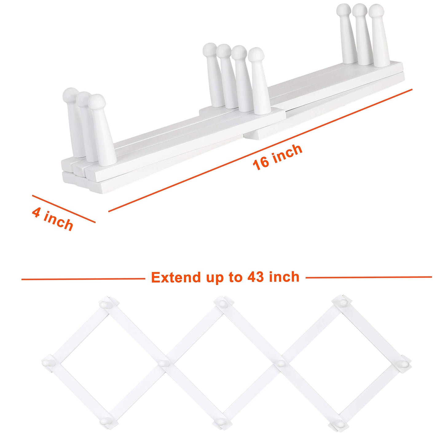 Dseap Accordian Wall Hanger: 16” High Wooden Wall Expandable Coat Rack, Hat Rack Holder, Accordion Hook for Baseball Caps, Coats, Mugs, 10 Peg Hooks, White