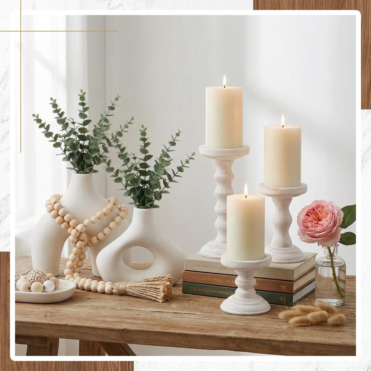 LemonRoad Farmhouse Fireplace Home Decor Set of 6 with 3 Pack Rustic Wooden Pillar Candle Holders, 2 Set Modern Vase for Living Room, 58'' Wood Bead Garland Tassels, Tabletop Dinning Buffet Decor
