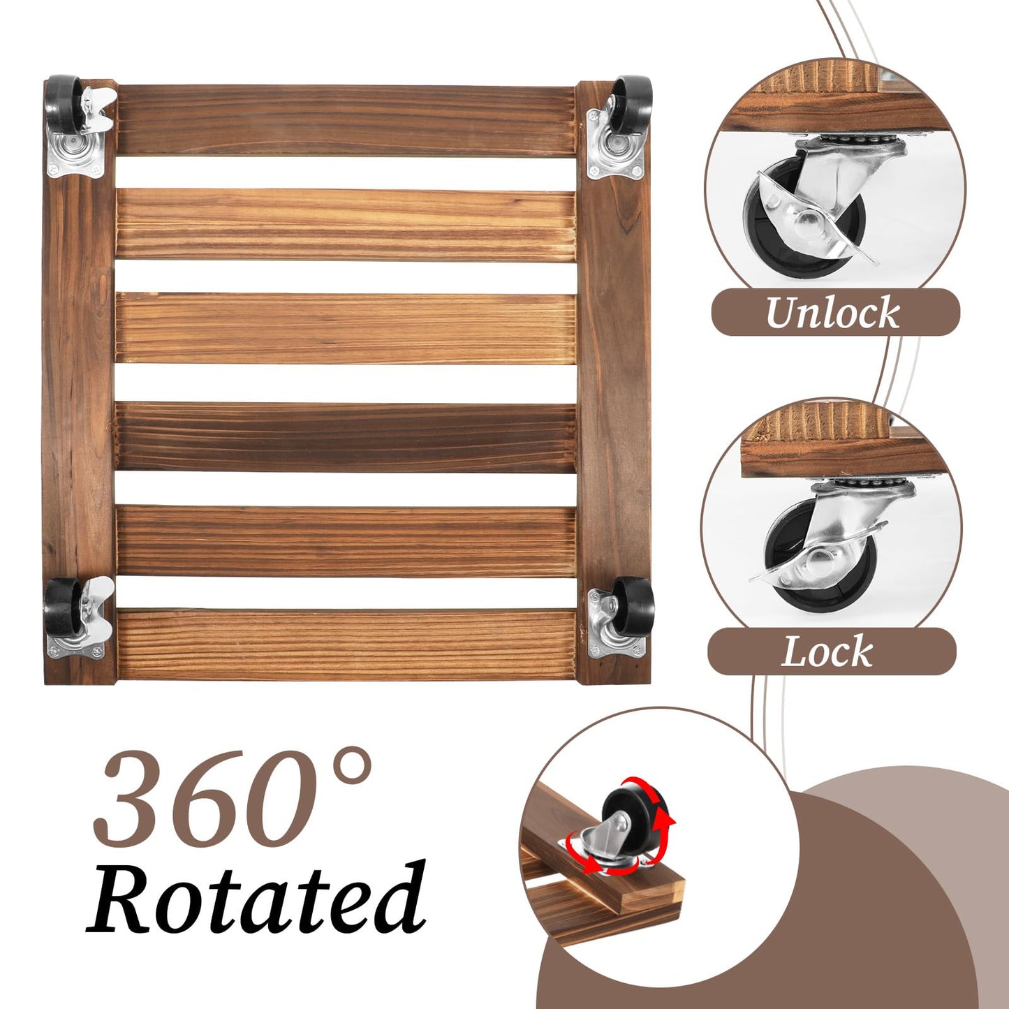 Xelsluthe 2 Pack 16 Inch Wooden Rolling Plant Stand with Lockable Wheels Heavy Duty Square Plant Dolly Pot Risers Roller Base for Indoor Outdoor Planters