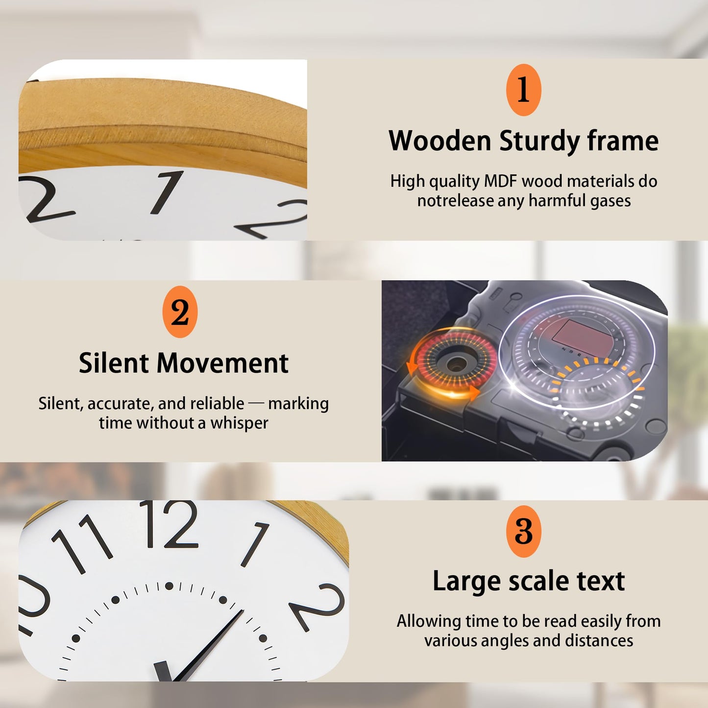 INTERHOMART Farmhouse Silent 16" Wall Clock Battery Operate,Wooden Non Ticking Sweep Movement, Large Farmhouse Wall Clock for Kitchen, Bedroom, Home Office, Living Room Decor, Arabic Numerals
