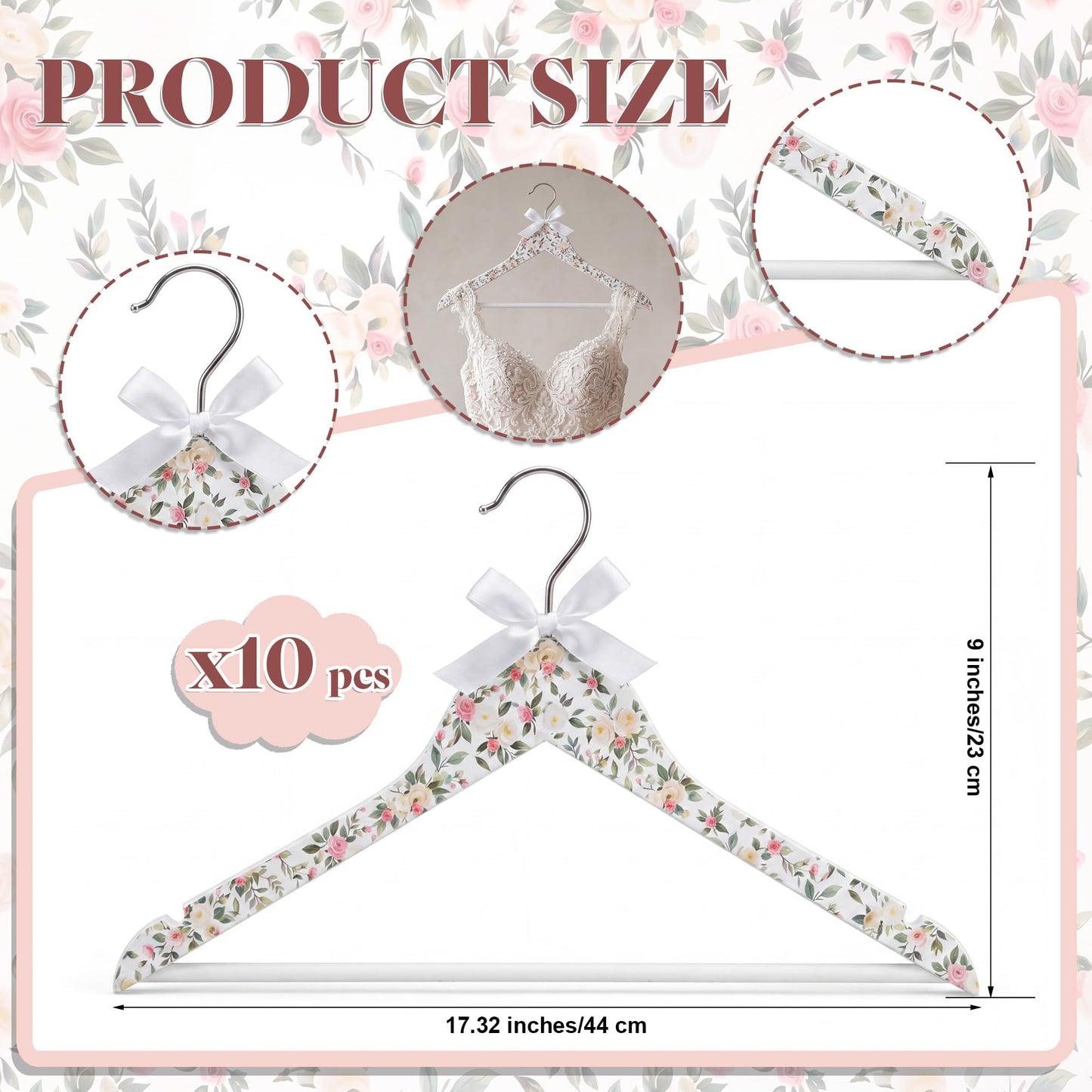 Junkin 10 Pcs Bridesmaid Hangers for Wedding Dress White Floral Bride Wooden Hanger for Bride Cute Bow Hangers for Bridal Shower Party Gift Tuxedo Photo