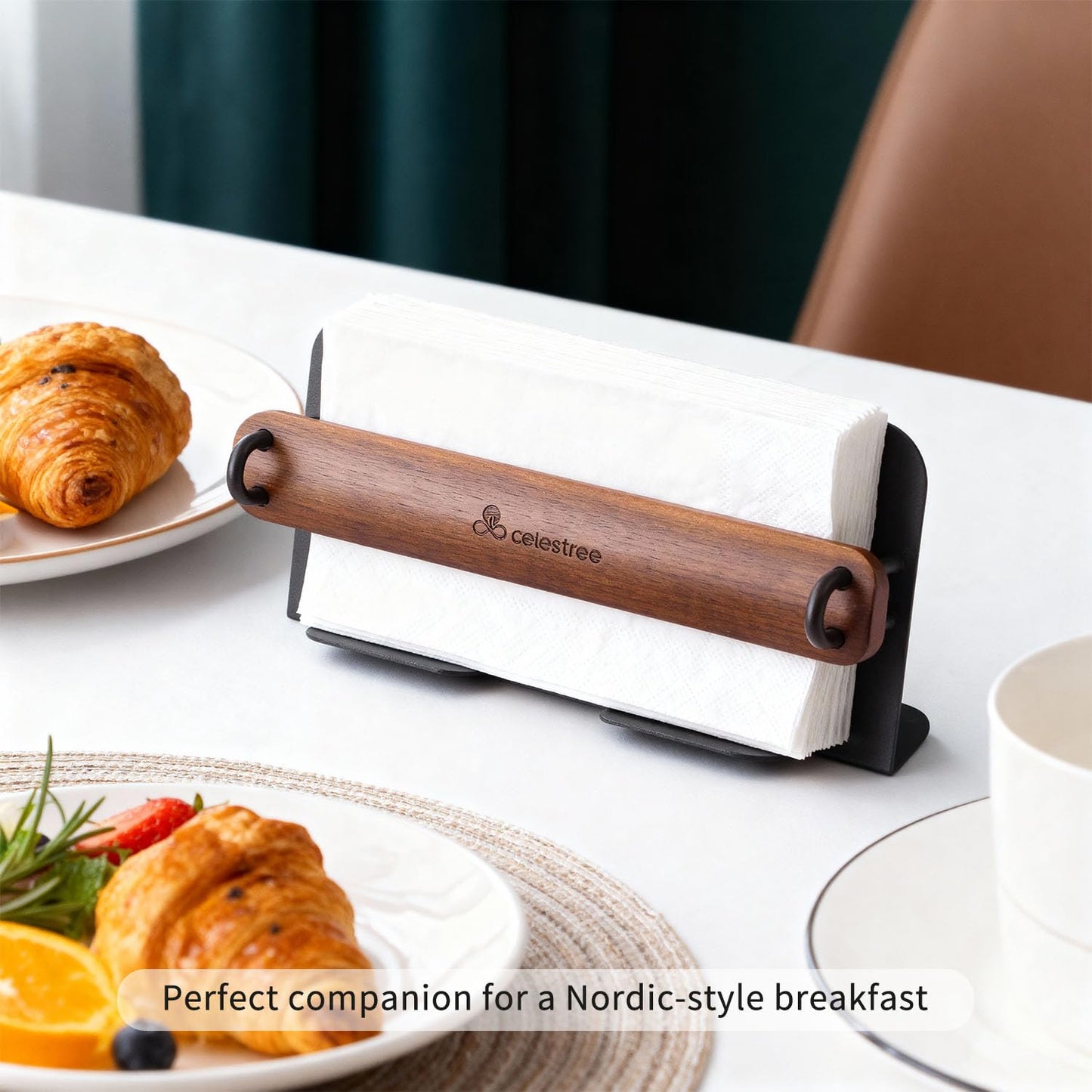 Rectangular Napkin Holder Wooden - Celestree Paper Napkin Dispenser with Solid Black Walnut Weighted Bar, Modern Metal Frame Windproof Stable for Kitchen Dining Table Bar Outdoor Party (Gift Ready)