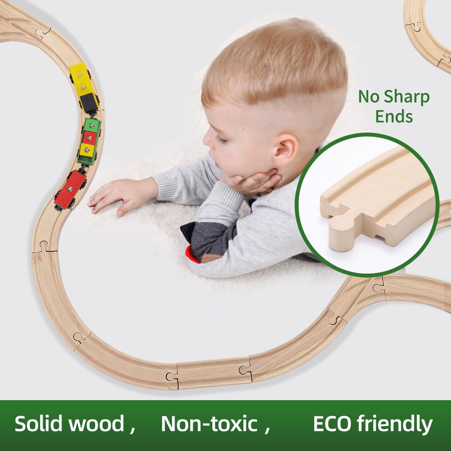 KiToyWod Wooden Train Track Set 62pcs, Wood Railway Systems Accessories Expansion Pack with Train + Crane, for 3-10 Years Toddlers Birthday Gift, Christmas Toys, Compatible with Major Brands (62 PCS)
