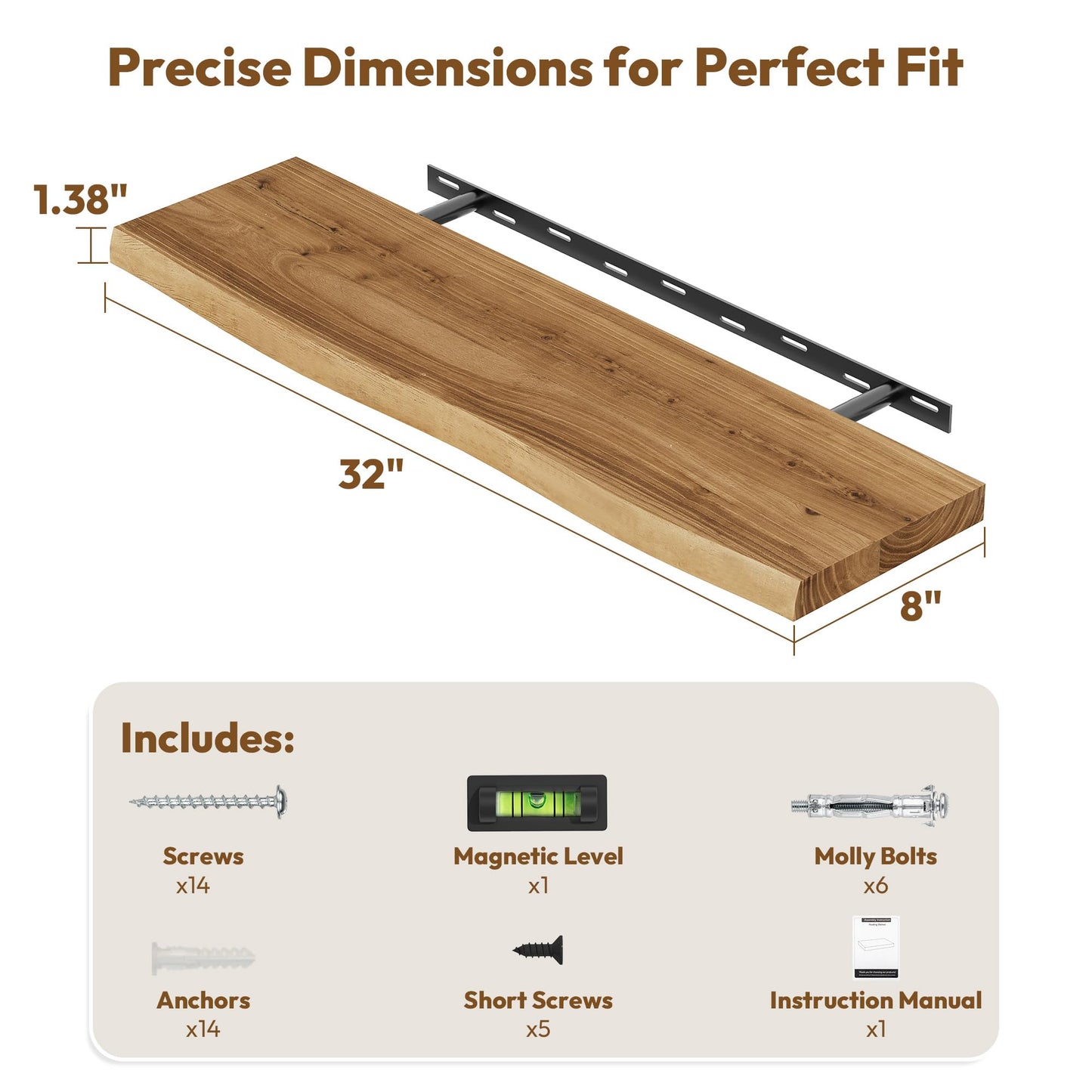 Vivelove Live Edge Floating Shelves Solid Wood, Elm Shelves for Wall with Invisible Bracket for Living Room Bedroom Bathroom Office Book, Rustic Farmhouse Wooden Shelf, 32 Inch Set of 2- Natural