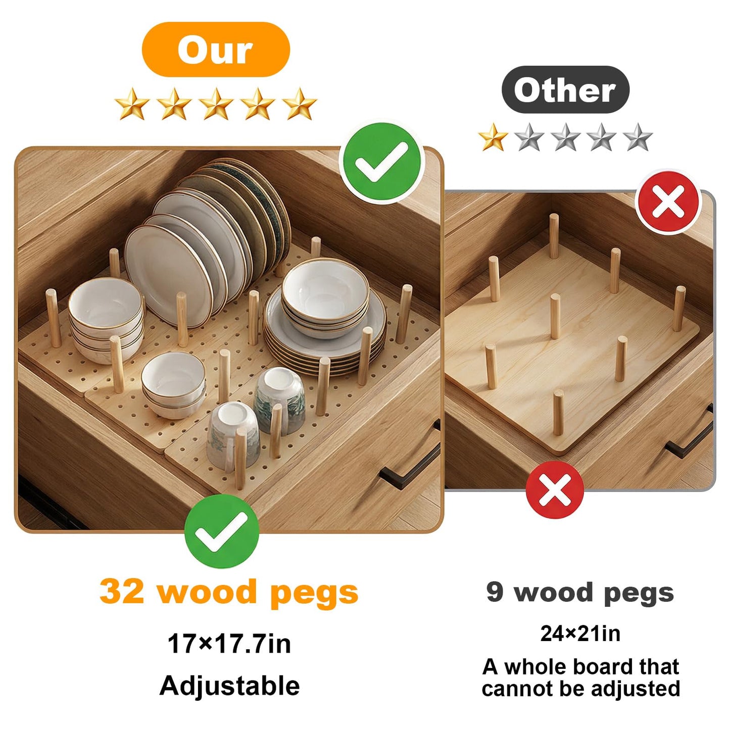 Afcabakila 3Pcs Wood Pegboard Drawer Organizer with 32 Pegs Wooden Peg Board System for Kitchen Dishes Plate 17 x 5.91 in Natural Wood Color