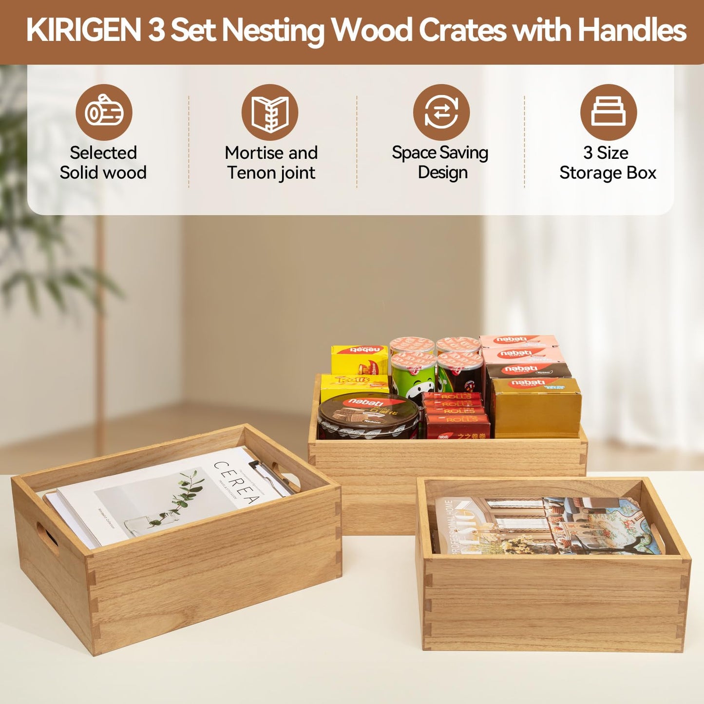 KIRIGEN Nesting Wood Crates with Handles, Set of 3 Decorative Storage Boxes, Farmhouse Shelf Bins for Pantry, Bathroom, Craft Room, Towels, Books, 15.75 x 11.8 x 5.9 in, Natural 3TH-NA