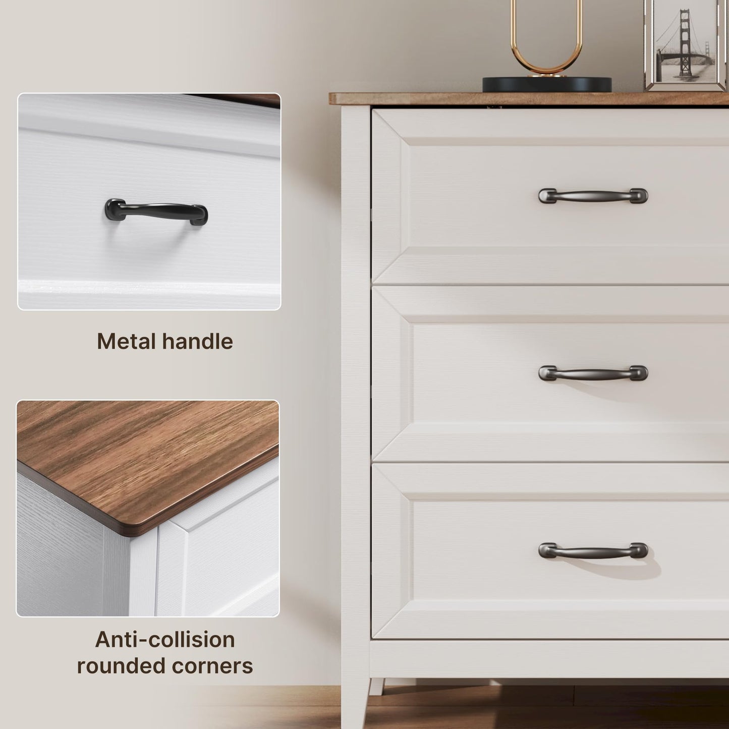 Gizoon 47.2" W Dresser for Bedroom, 6 Chest of Drawers, Modern Drawer Dresser, Wood TV Stand for Living Room, with Smooth Rail, Metal Handles, Anti-tip, Hallway, Retro